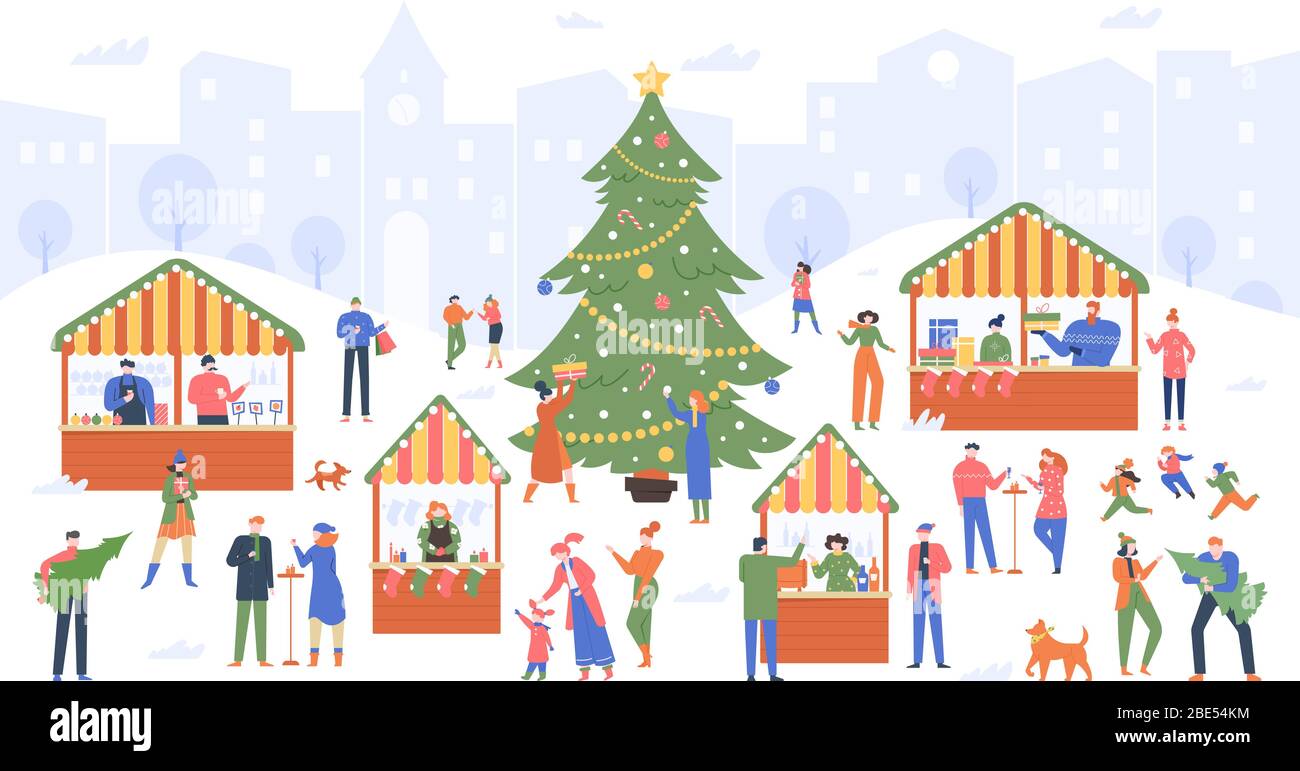 Mercado de Navidad. Feria de vacaciones, gente de dibujos animados caminando en puestos al aire libre decorados y la compra de vino, comida y recuerdos de Navidad vector colorido Ilustración del Vector