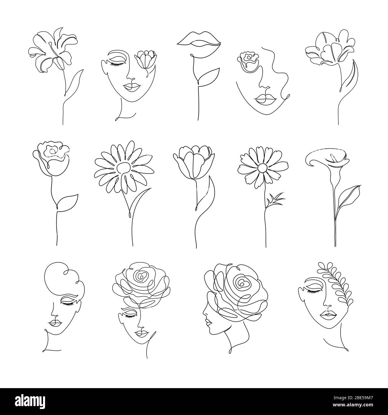 flores y mujeres en un estilo de dibujo de línea Ilustración del Vector