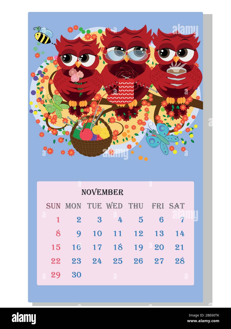Calendario 2021. Lindo calendario con divertidos búhos de dibujos animados  Imagen Vector de stock - Alamy