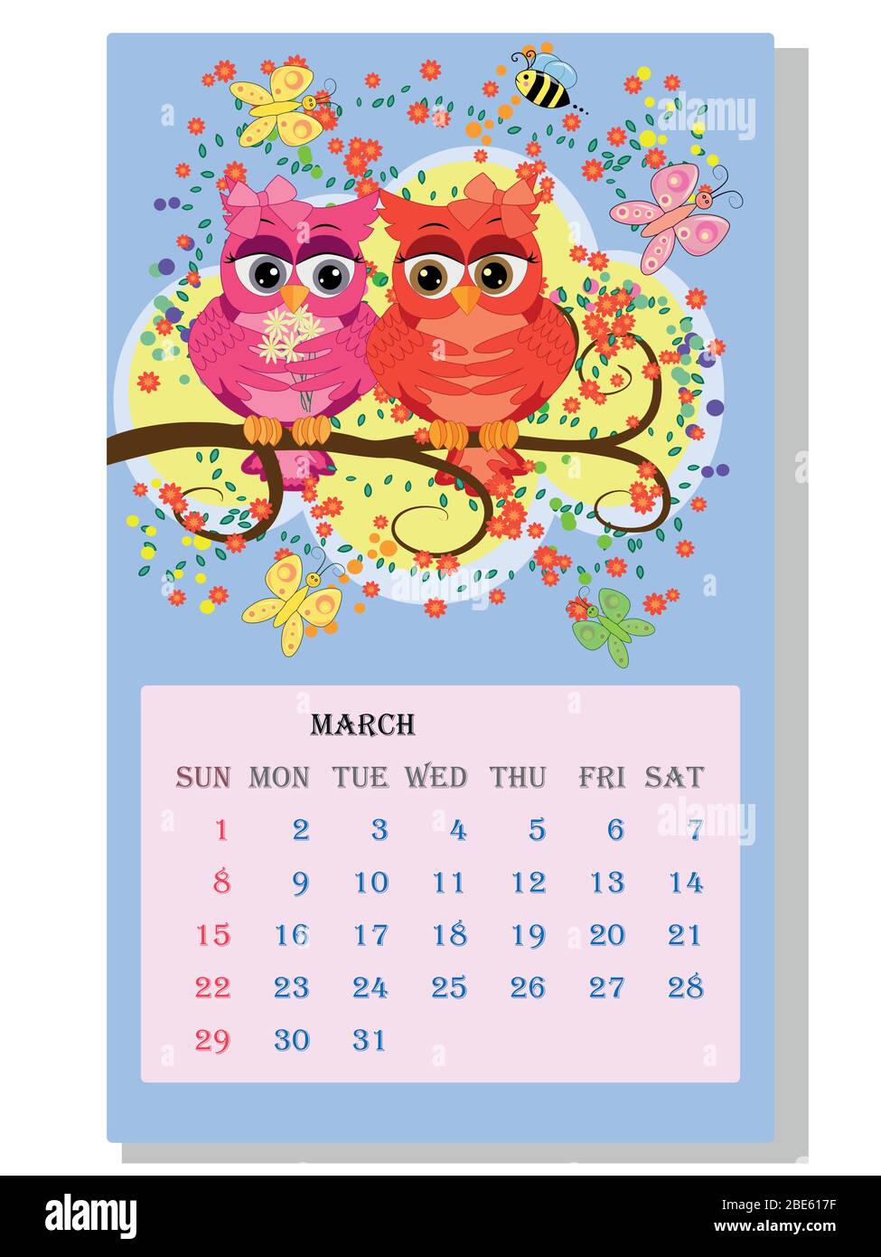 Calendario 2021. Lindo calendario con divertidos búhos de dibujos animados  Imagen Vector de stock - Alamy