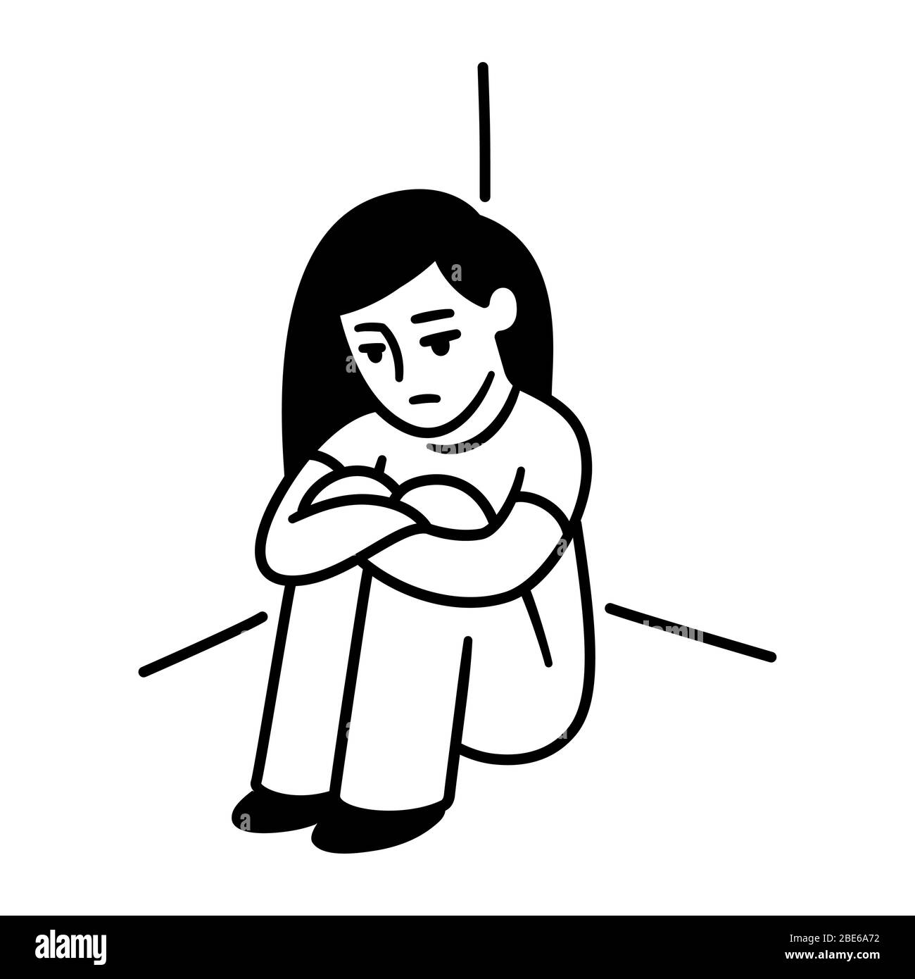 Una adolescente sentada en una esquina, arrodillándose las rodillas.  Depresión, tristeza y soledad. Dibujo de dibujos animados simples en blanco  y negro. Clip vectorial de salud mental ar Imagen Vector de stock -