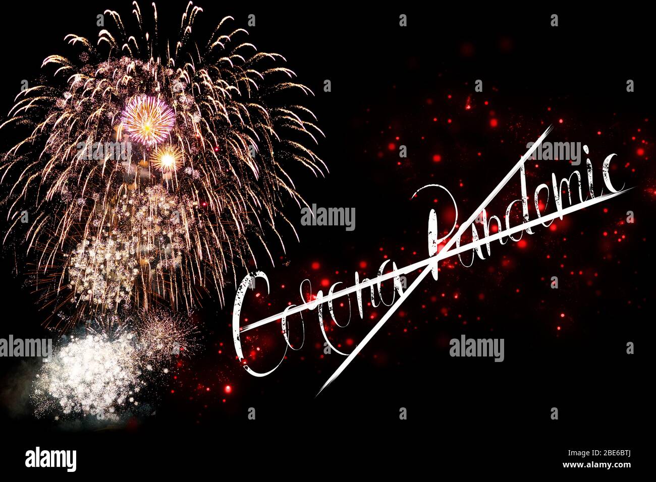 El fin de la Corona Pandémica con fuegos artificiales sobre fondo negro Foto de stock