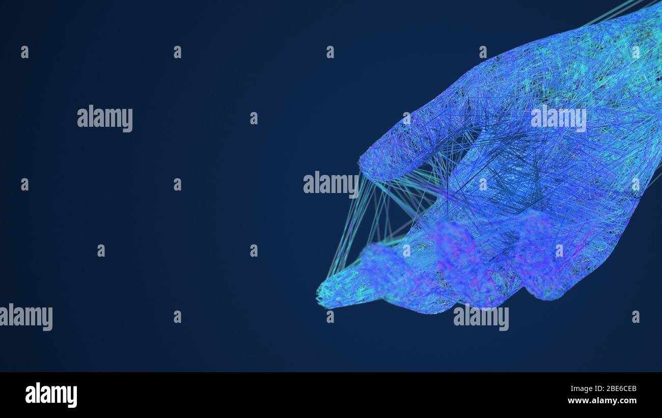 Inteligencia artificial que da líneas de conexión de mano, AI máquina de aprendizaje de ayuda concepto, fondo azul techie, ilustración 3d Foto de stock