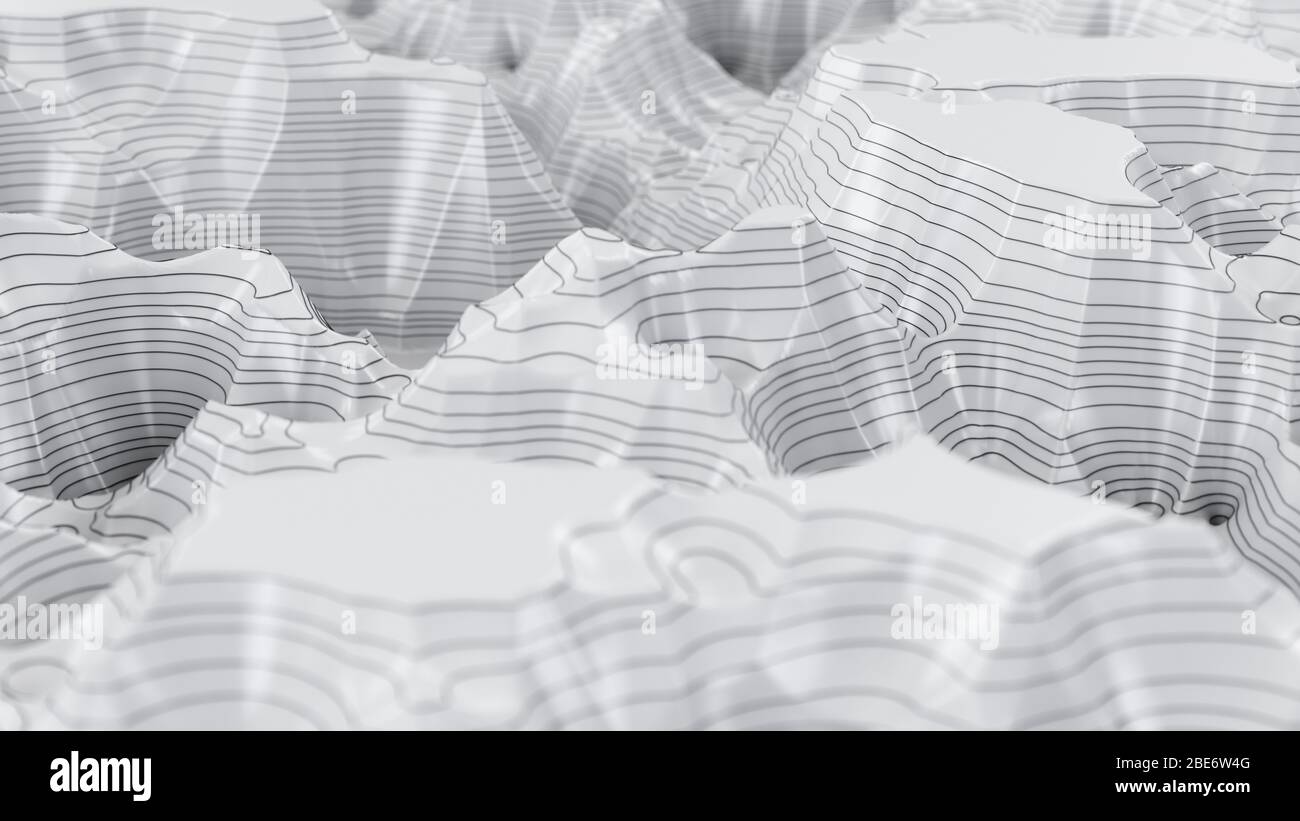 Mapa topográfico tridimensional blanco. Líneas de contorno en un mapa topográfico. Estudiando la geografía de la zona: colinas, montañas y llanuras Foto de stock