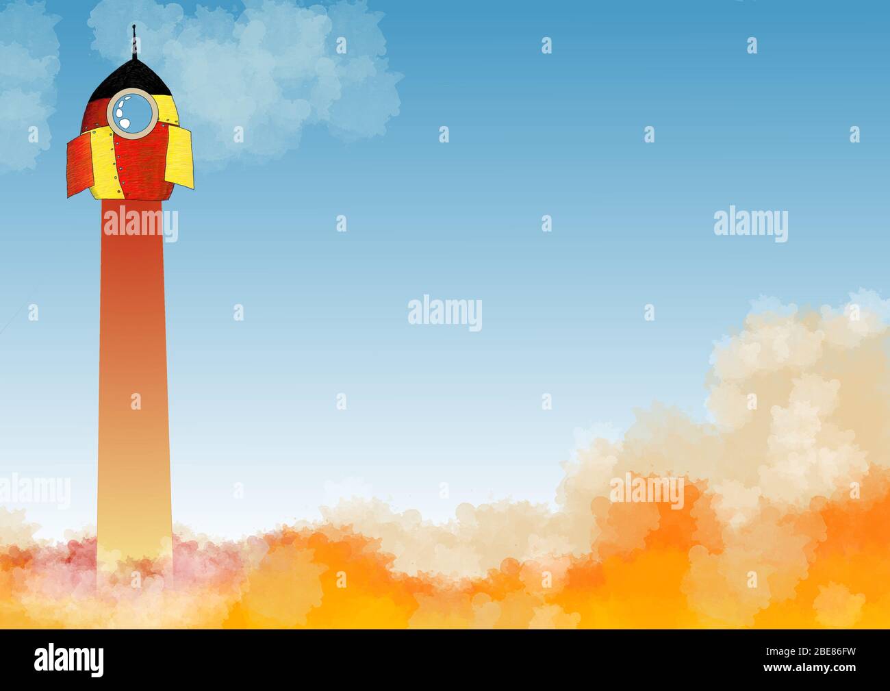 Ilustración, cohete amarillo y rojo que se despegar en el cielo Foto de stock