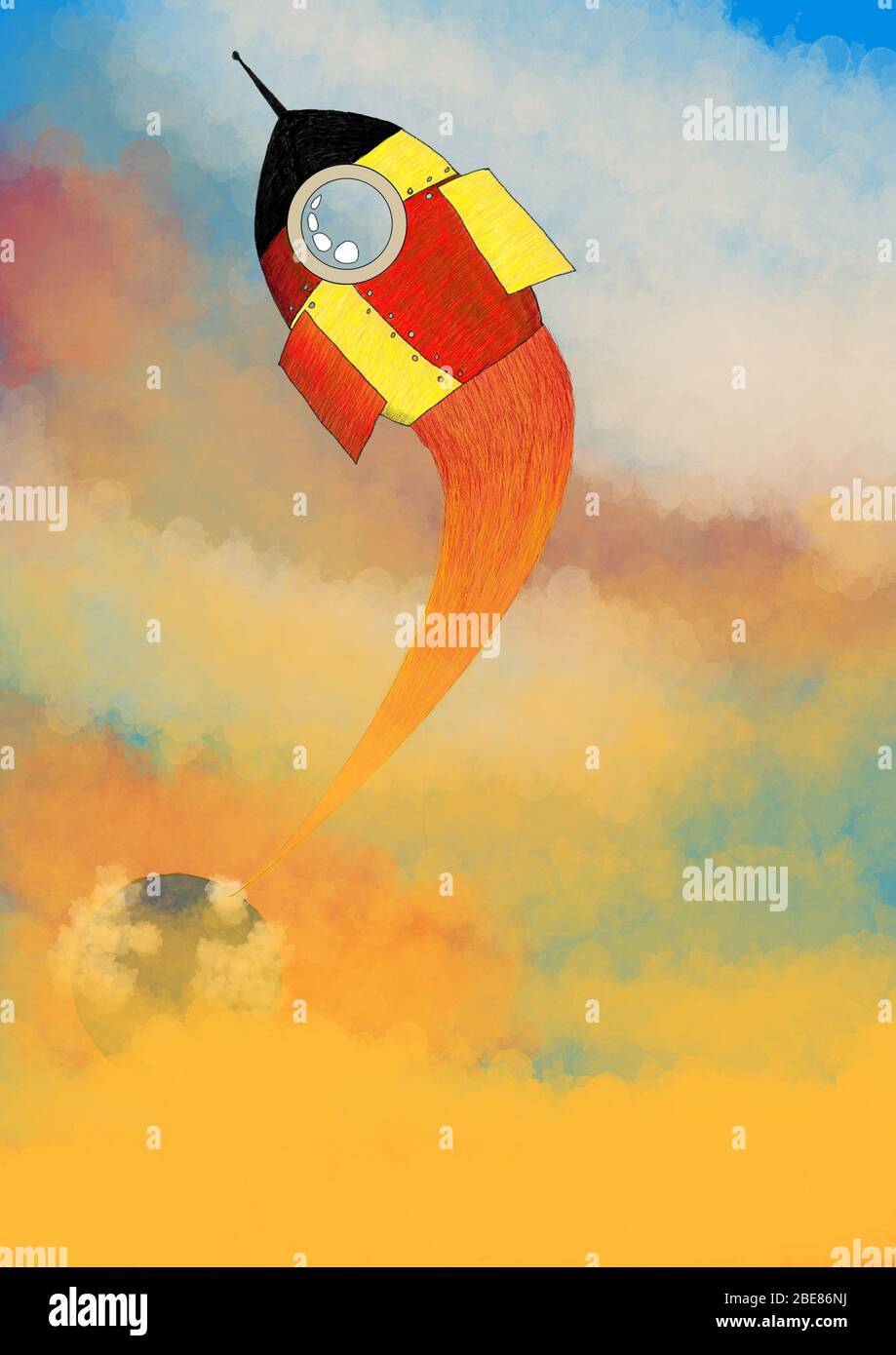 Ilustración, cohete amarillo y rojo que se despegar en el cielo Foto de stock