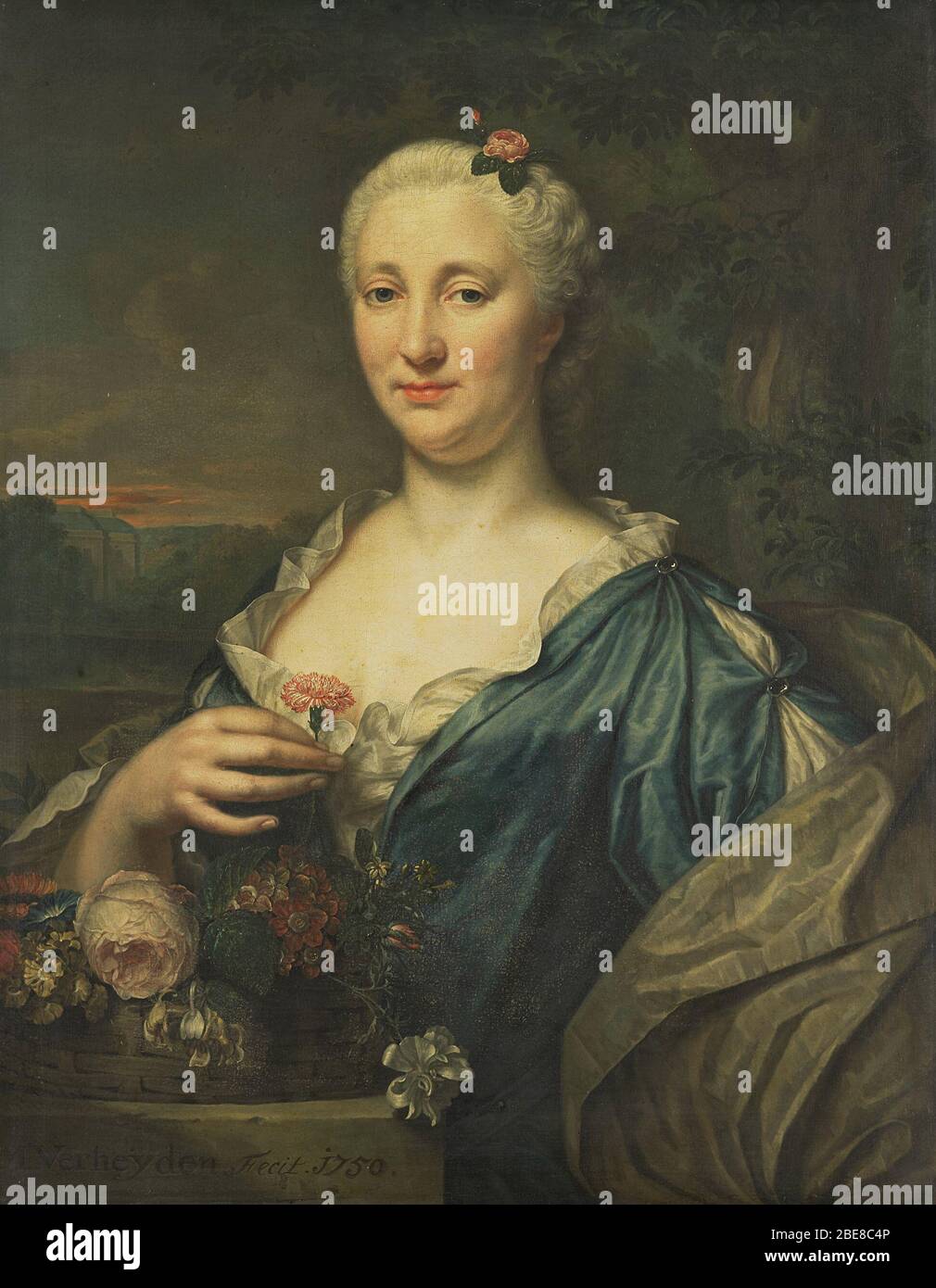 'Agnes Margaretha Albino (1713-73). Echtgenote van Coenraad van Heemskerck; Nederlands: Portret van Agnes Margaretha Albinus (1713-73), echtgenote van Coenraad van Heemskerck. Diez lijve halven, bij een mand conoció a een bloemstuk, een anjer in de rechterhand voor de borst. Colgante van SK-A-1438.; 1750date QS:P571,+1750-00-00T00:00:00Z/9; ' Foto de stock
