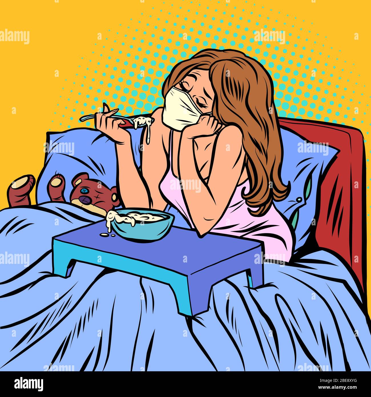 Una mujer en cuarentena en auto-aislamiento, Desayuno solo Ilustración del Vector
