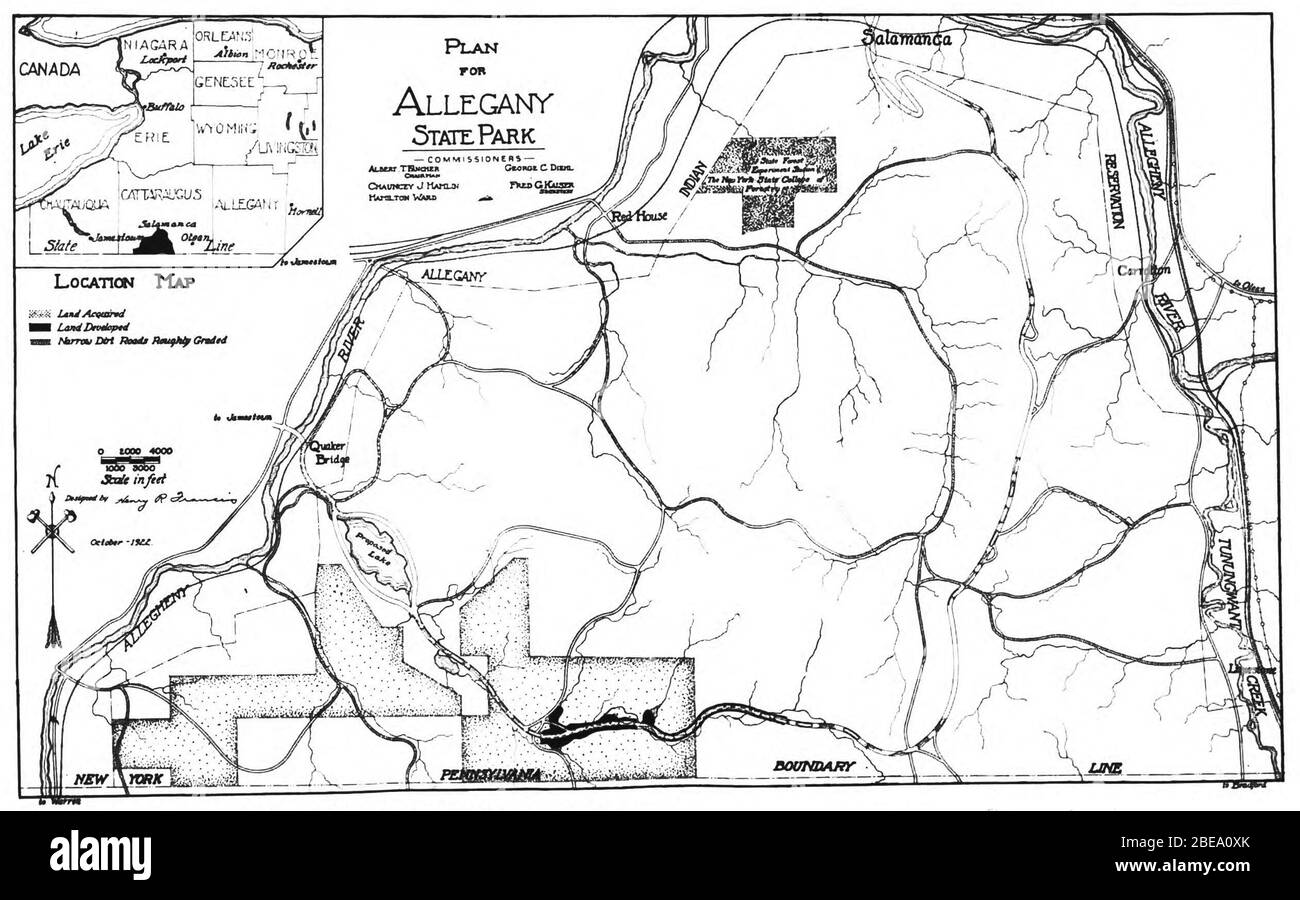 'Español: Un mapa que muestra las fronteras propuestas y los compromisos con el Parque Estatal Allegany en el estado de Nueva York.; 1922; http://hdl.handle.net/2027/uc1.b3853960?urlappend=%3Bseq=44; Comité sobre el Plan de Parques estatales. Asociación del Estado de Nueva York. Un Plan Estatal de Parques para Nueva York, con una propuesta para el tema de New Park Bond. Nueva York: M.B. Brown Printing & Binding Co., 1922, pág. 32; ' Foto de stock