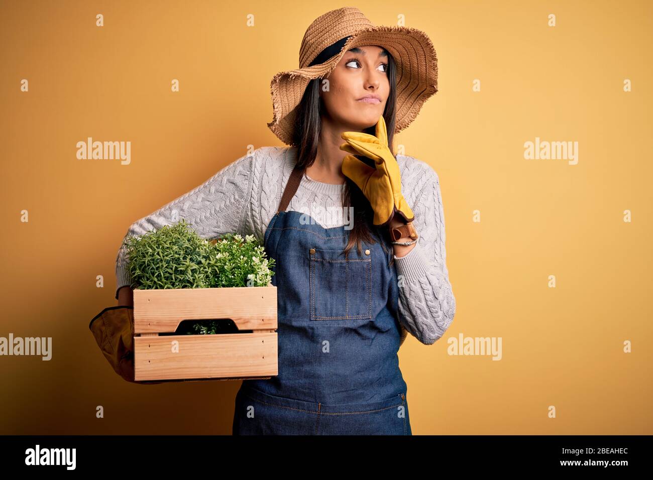 Joven hermosa mujer jardinera morena usando delantal y sombrero sosteniendo  caja con plantas cara seria pensando en la pregunta, idea muy confusa  Fotografía de stock - Alamy
