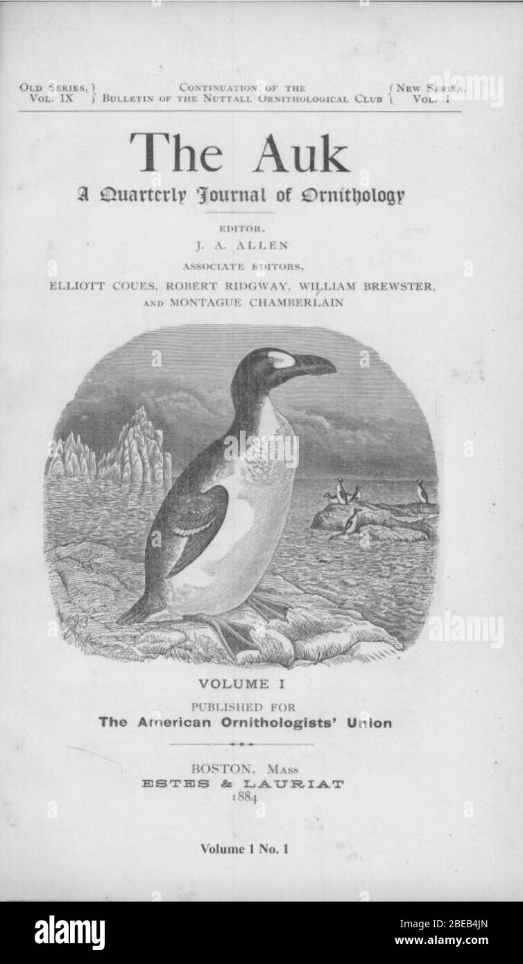 Inglés: Enero de 1884 Portada de la revista Auk; enero de 1884;  /sora/Auk/v001n01/; American  Ornitologistas' Union;' Fotografía de stock - Alamy