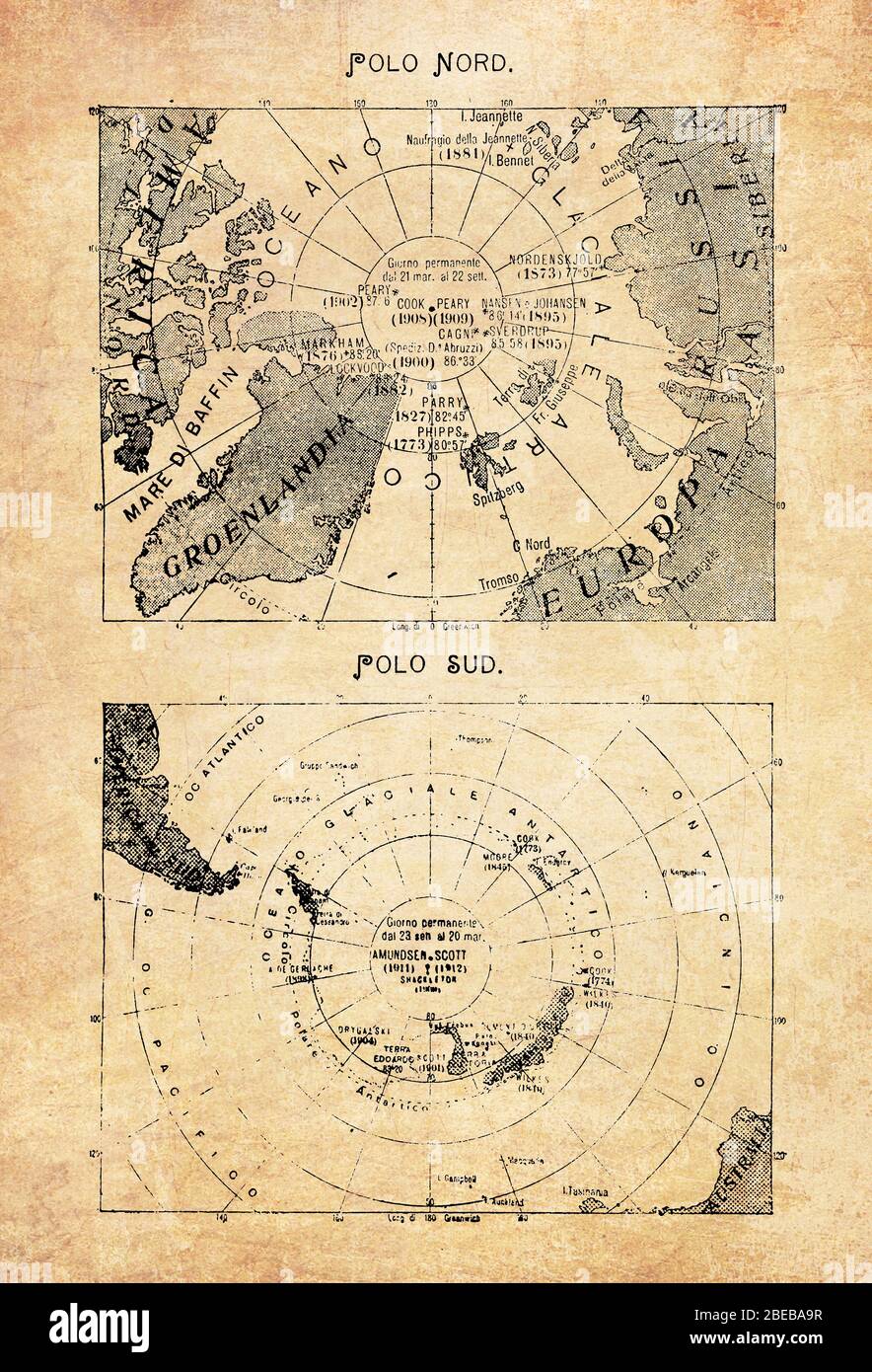 Antiguos mapas del Polo Norte en medio del Océano Ártico y el Polo Sur con  el continente de la Antártida con nombres y descripciones geográficas  italianas Fotografía de stock - Alamy