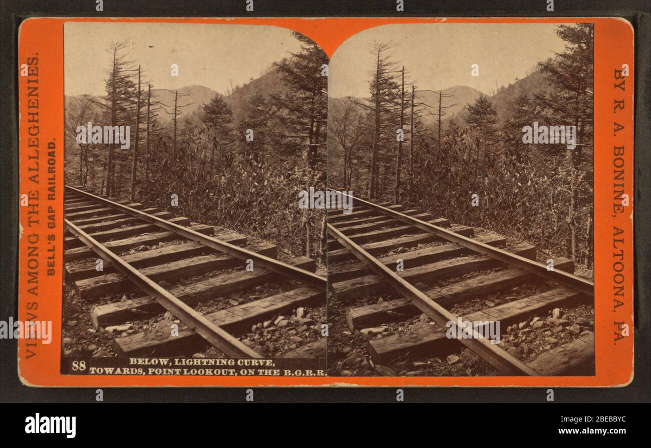 'Abajo, curva de relámpagos, hacia, Mirador punto, en el B. G. R. R. R.Alternate Título: Vistas entre los Alleghenies : Bell's Gap Railroad. 88.; cobertura: 1870?-1880?. Fuente pie de imprenta: Altoona, P. : R. A. Bonine, 1870?-1880?. Artículo digital publicado 3-9-2006; actualizado 2-13-2009.; Fuente original: Colección Robert N. Dennis de vistas estereoscópicas. / Estados Unidos. / Estados / Pensilvania. / Vistas entre los Alleghenies : Penna. Ferrocarril / R. A. Bonine (aprox. 72,000 vistas estereoscópicas : 10 x 18 cm. O más pequeño.) grabación digital esta imagen está disponible en la Biblioteca Pública de Nueva York Digital Foto de stock