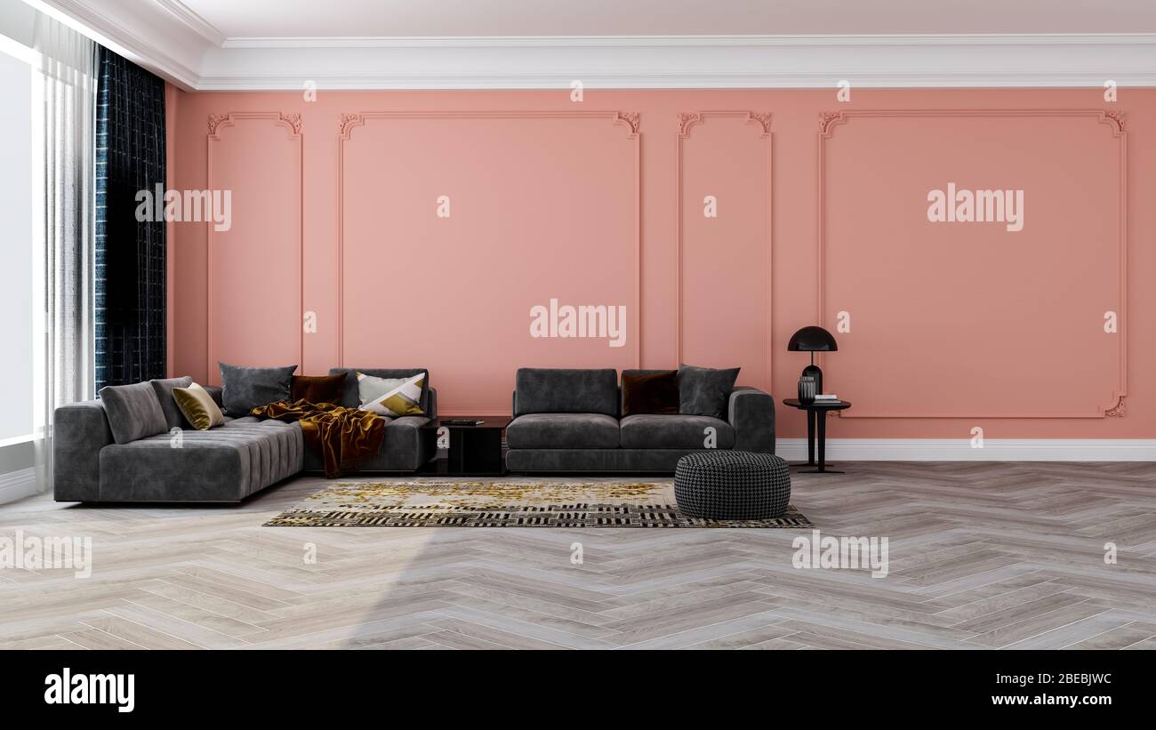 Moderno diseño interior de una sala de estar en un apartamento, una casa, una oficina, un cómodo sofá, flores frescas y brillantes detalles interiores modernos y sunbeam Foto de stock