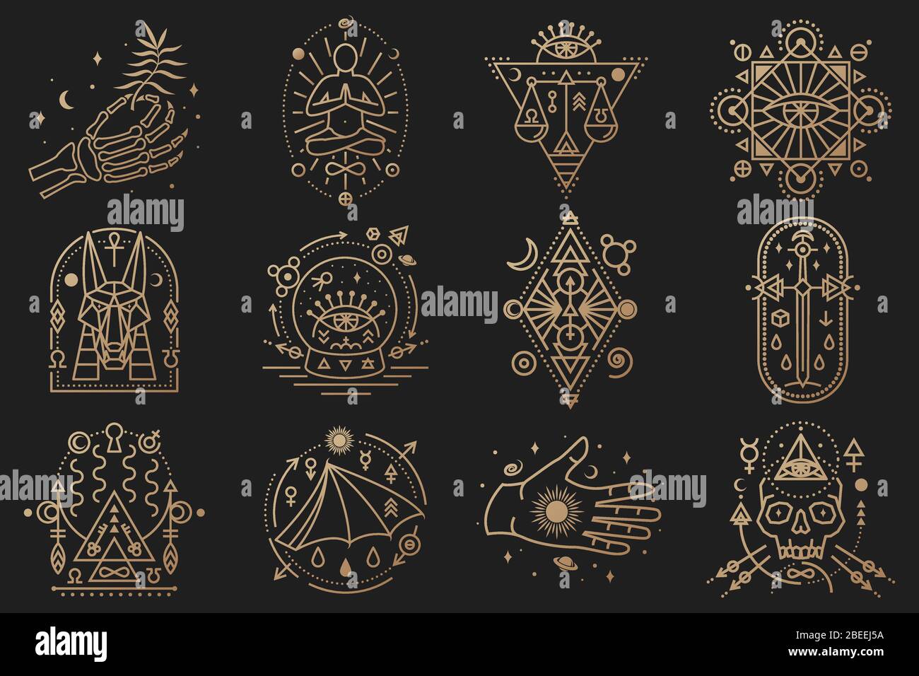 Símbolos esotéricos. Vector. Insignia geométrica de línea fina. Contorno icono de alquimia, tarot cartas, geometría sagrada. Diseño místico y mágico con estrellas, cráneo, puerta a otro mundo, luna, mano de esqueleto humano Ilustración del Vector