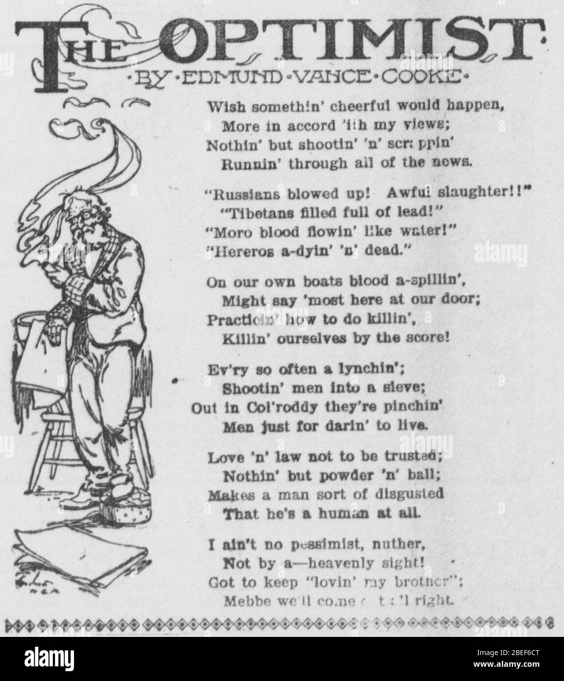 Ingles Un Hombre Barbudo Sostiene Su Pipa En Una Mano Y El Periodico En Otra Indicando Que Ha Estado Leyendo Noticias Deprimentes A Su Izquierda Esta El Texto Del Optimist Un Poema