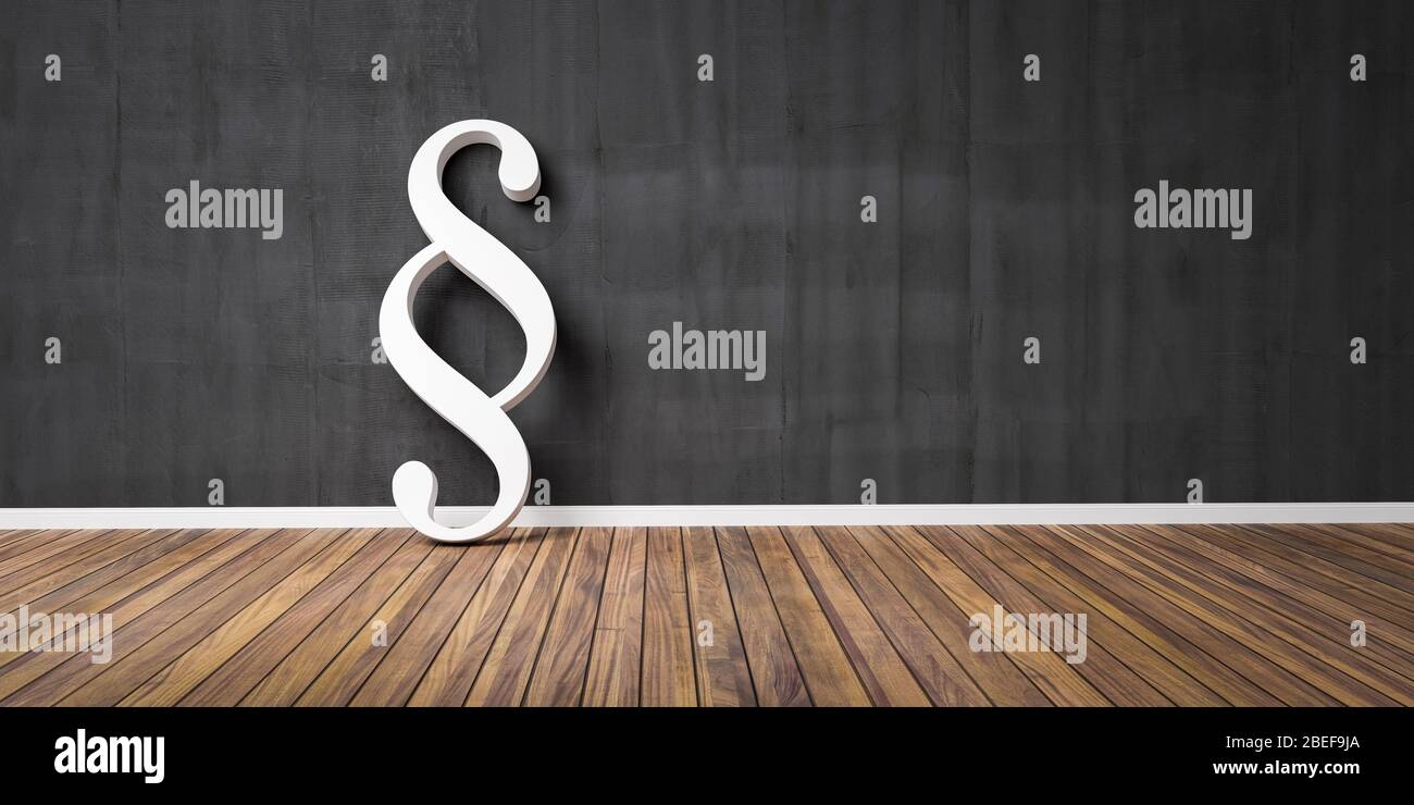 Blanco párrafo smybol contra un muro negro grunge - ley y justicia concepto imagen - 3D Ilustración Foto de stock