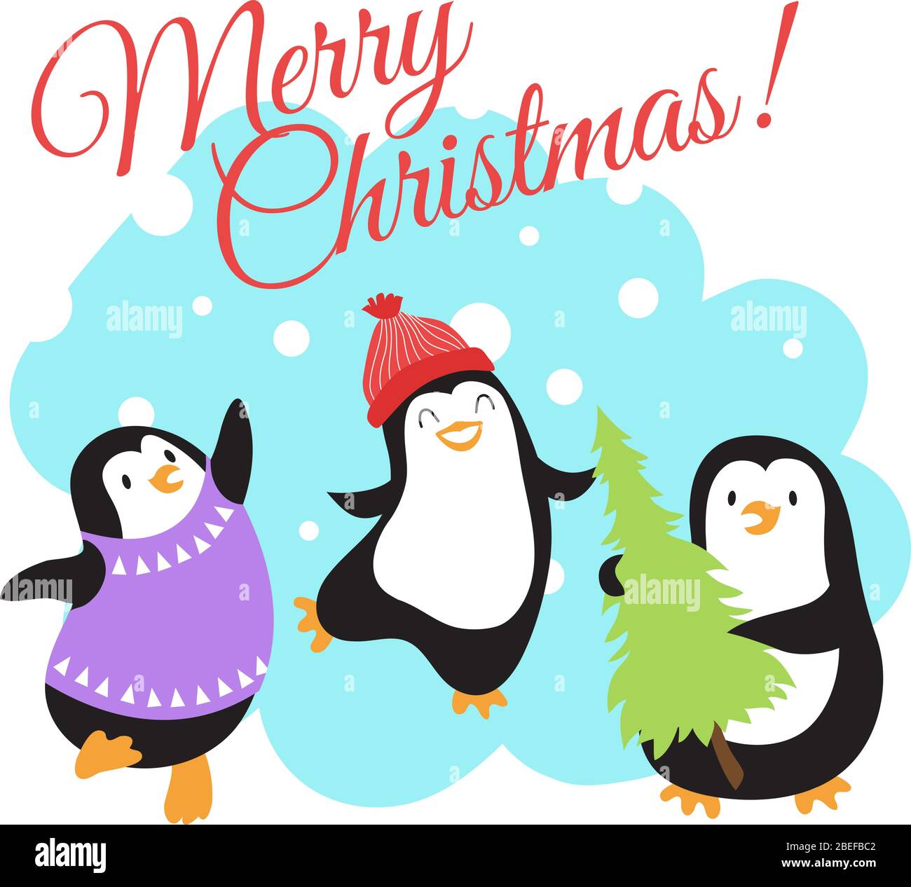 Navidad invierno vacaciones vector tarjeta de felicitación con lindos pingüinos de dibujos animados. Tarjeta de felicitación navideña con ilustración de pingüinos de carácter Ilustración del Vector