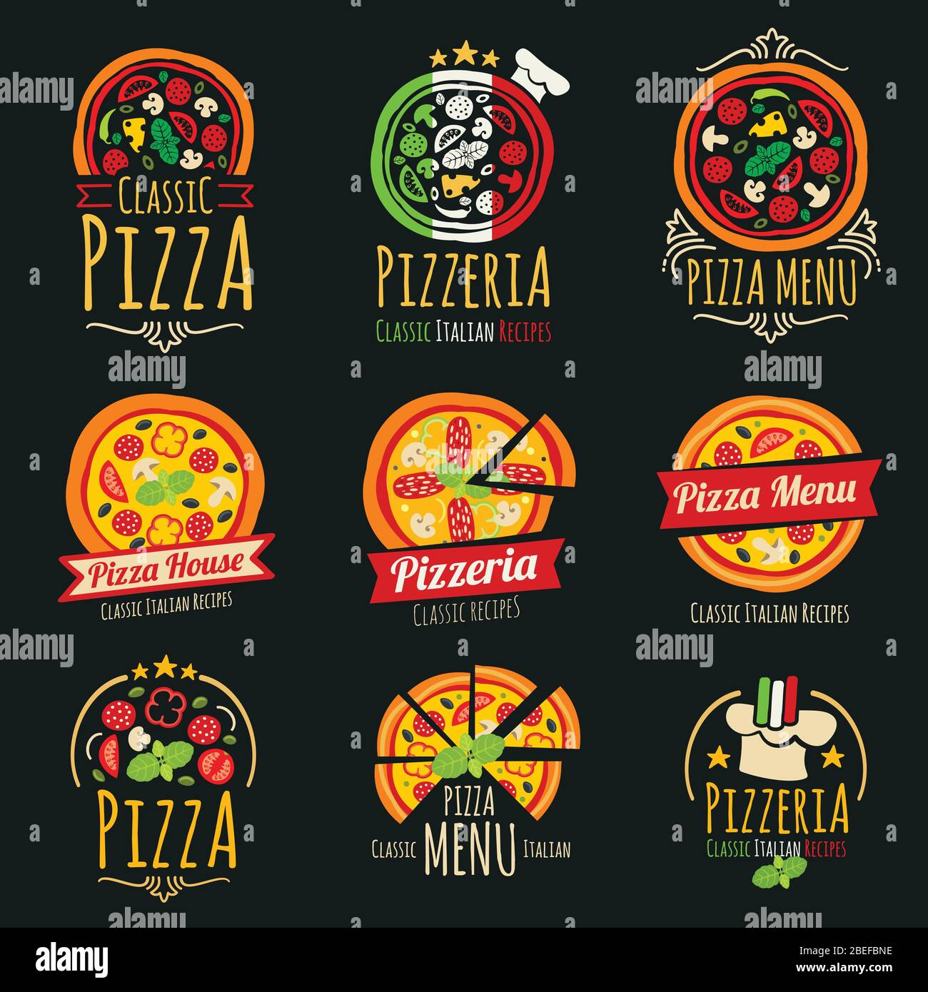 Logotipos de vector pizza. Pizzería Restaurante de cocina italiana etiquetas y emblemas. Emblema de restaurante de pizza, ilustración de pizzería italiana Ilustración del Vector