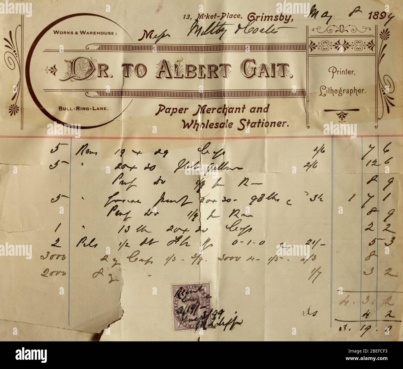 Antigua factura de Albert Gait de Grimsby de fecha 8 de mayo de 1894. Foto de stock