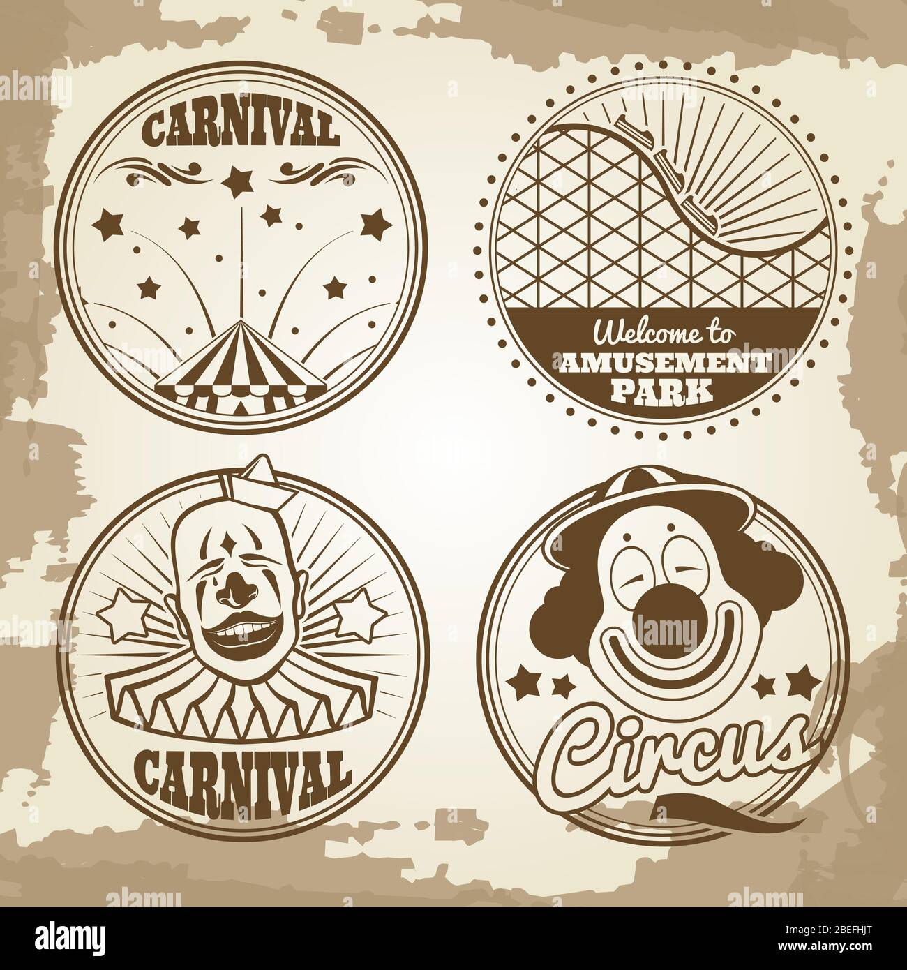 Parque de atracciones circo carnaval emblemas sobre fondo vintage. Ilustración vectorial Ilustración del Vector