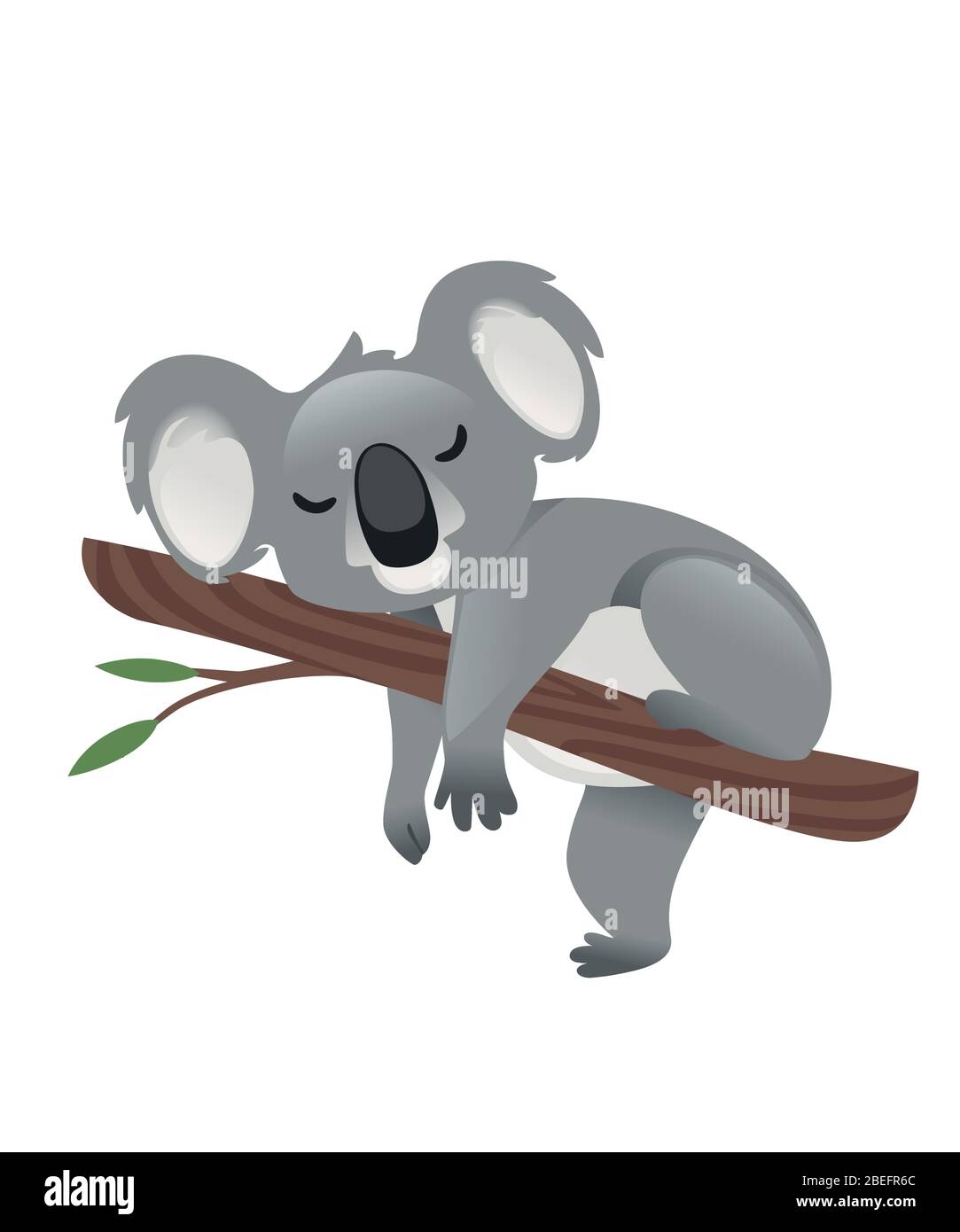 Lindo oso koala gris durmiendo en rama de madera con hojas verdes dibujos  animados animal diseño plano vector ilustración aislada sobre fondo blanco  Imagen Vector de stock - Alamy