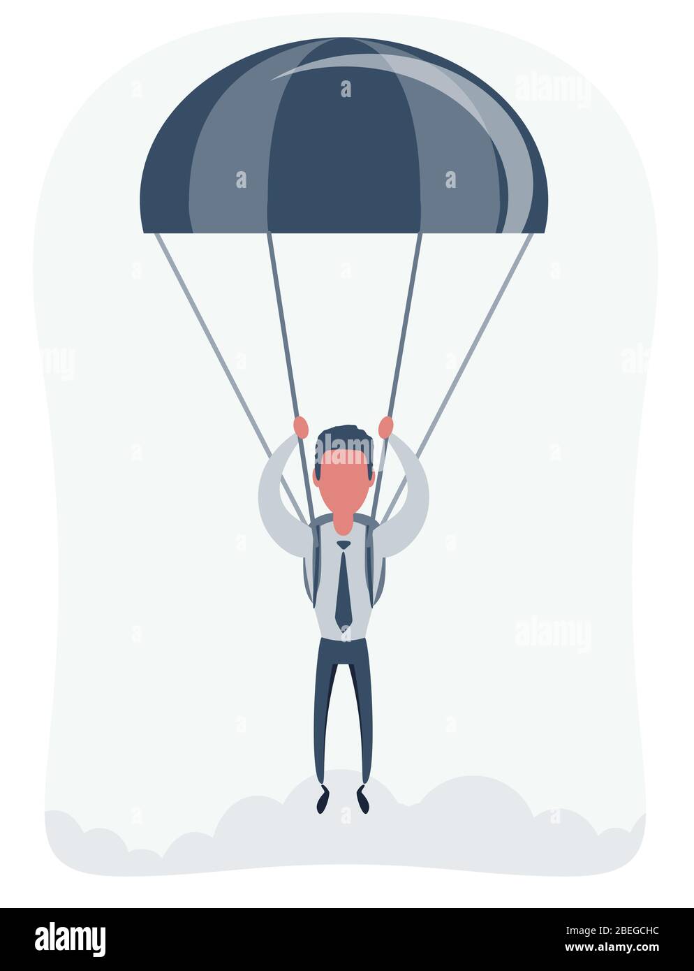 Joven empresario desembarco en tierra con paracaídas. Concepto de objetivos de logro de riesgos empresariales. Ilustración del Vector