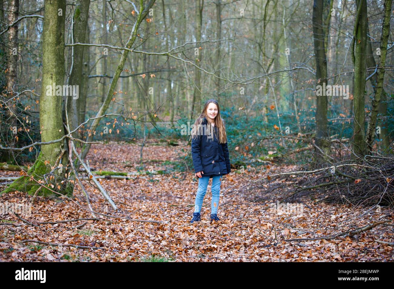 una niña se encuentra en el bosque y las hojas caen sobre ella Foto de stock
