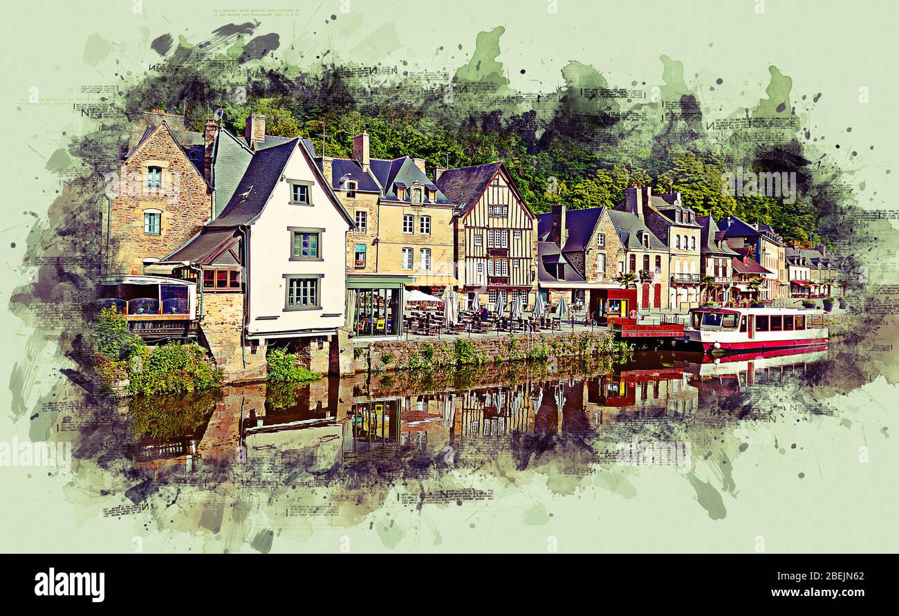 Pintura estilo - Vista de la histórica ciudad de Dinan con el río Rance, departamento de Cotes-d'Armor, Bretaña, noroeste de Francia. Foto de stock