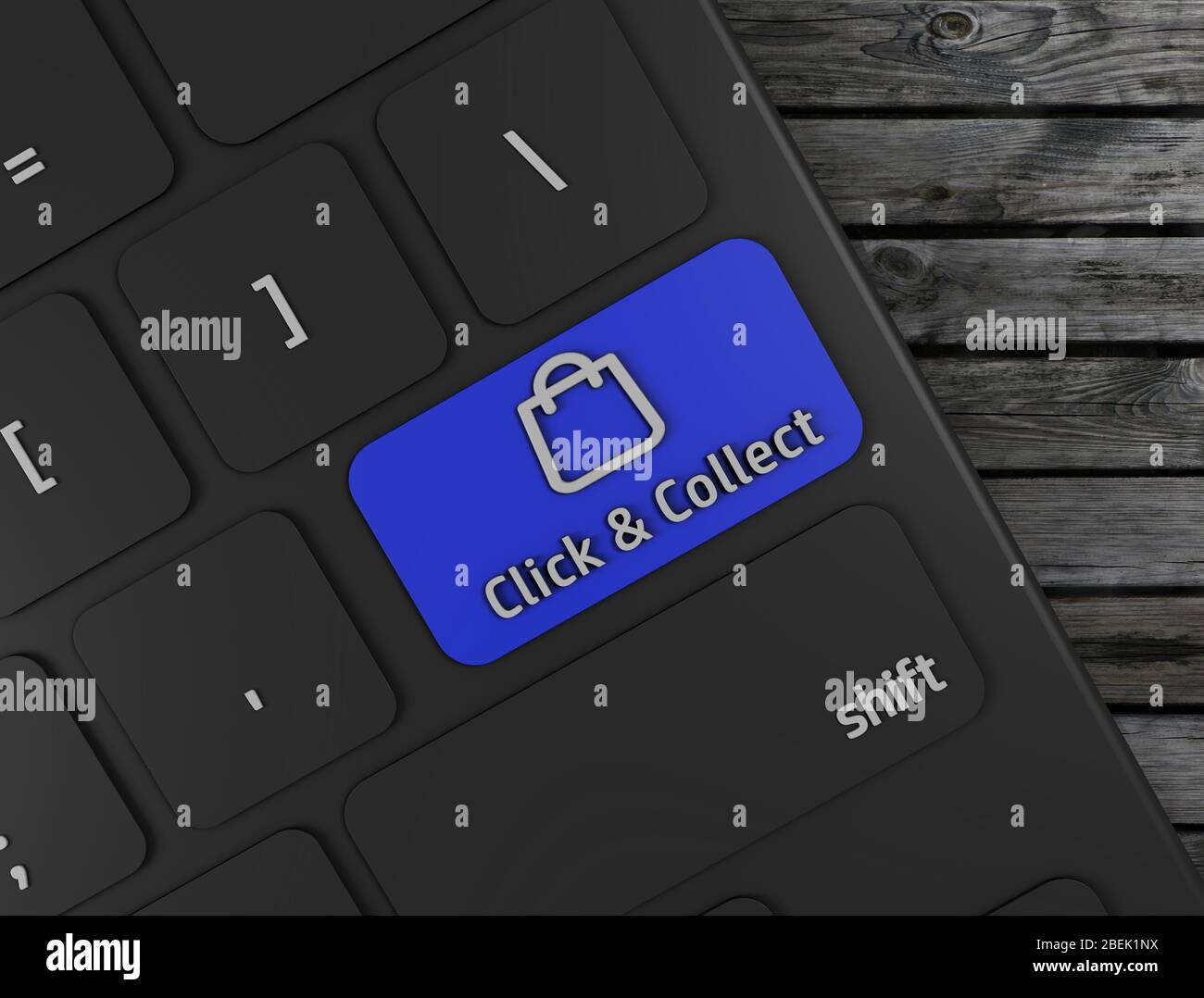 haga clic y recopile la clave de comercio electrónico azul, ilustración de representación en 3d Foto de stock