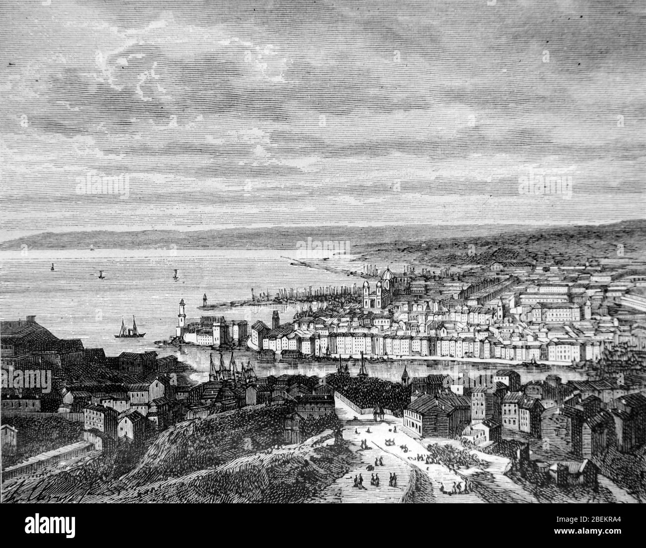 Vista sobre el puerto antiguo o Vieux Port Marsella Francia a finales del siglo 19. Vinage o Old Illustration o Grabado 1887 Foto de stock