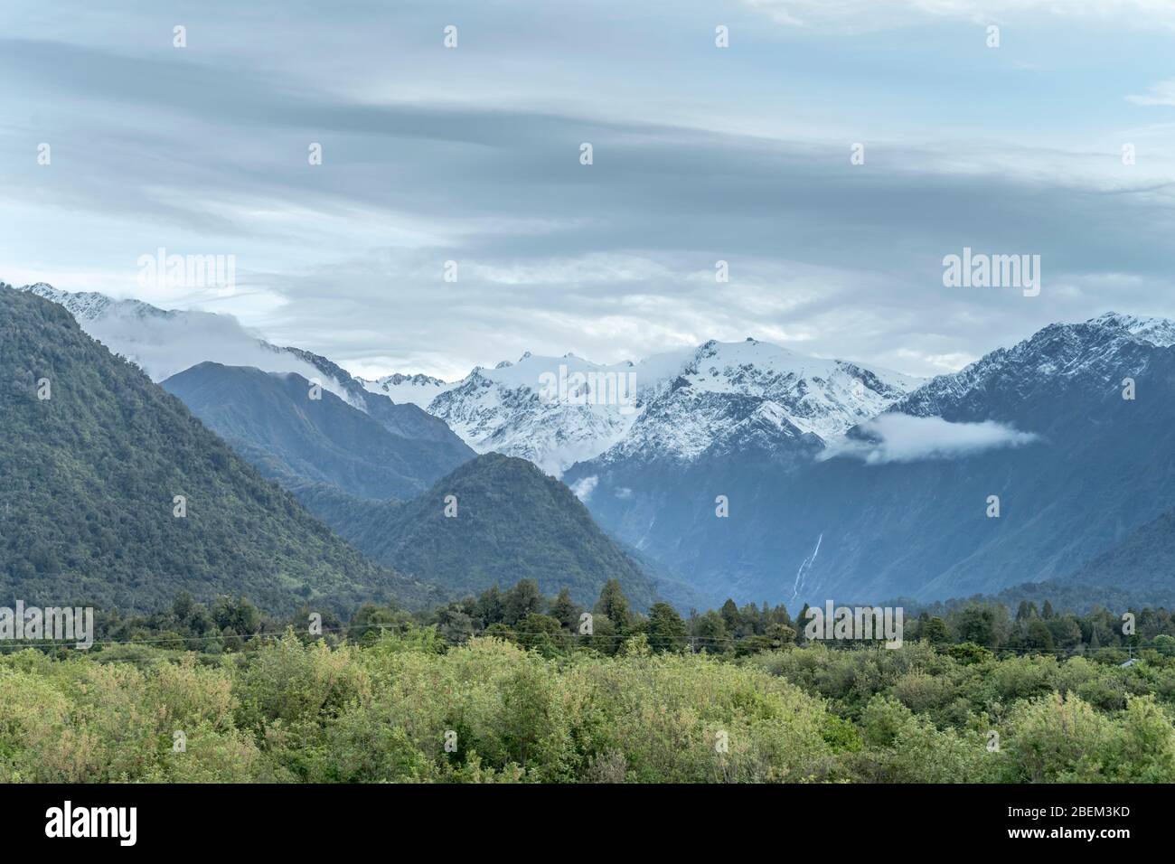 Paisaje con pendientes nevadas de Roon picos de bosque verde, filmado con luz brillante de primavera en Franz Josef, Costa Oeste, Isla Sur, Nueva Zelanda Foto de stock