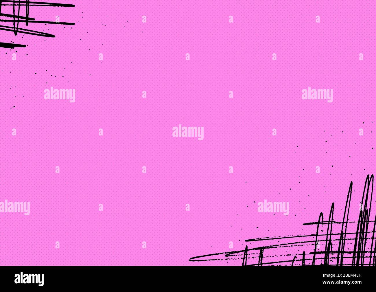 Un fondo de diseño retro de paisaje rosa vibrante con trazos de garabatear en las esquinas y un patrón de puntos de semitonos de color Foto de stock