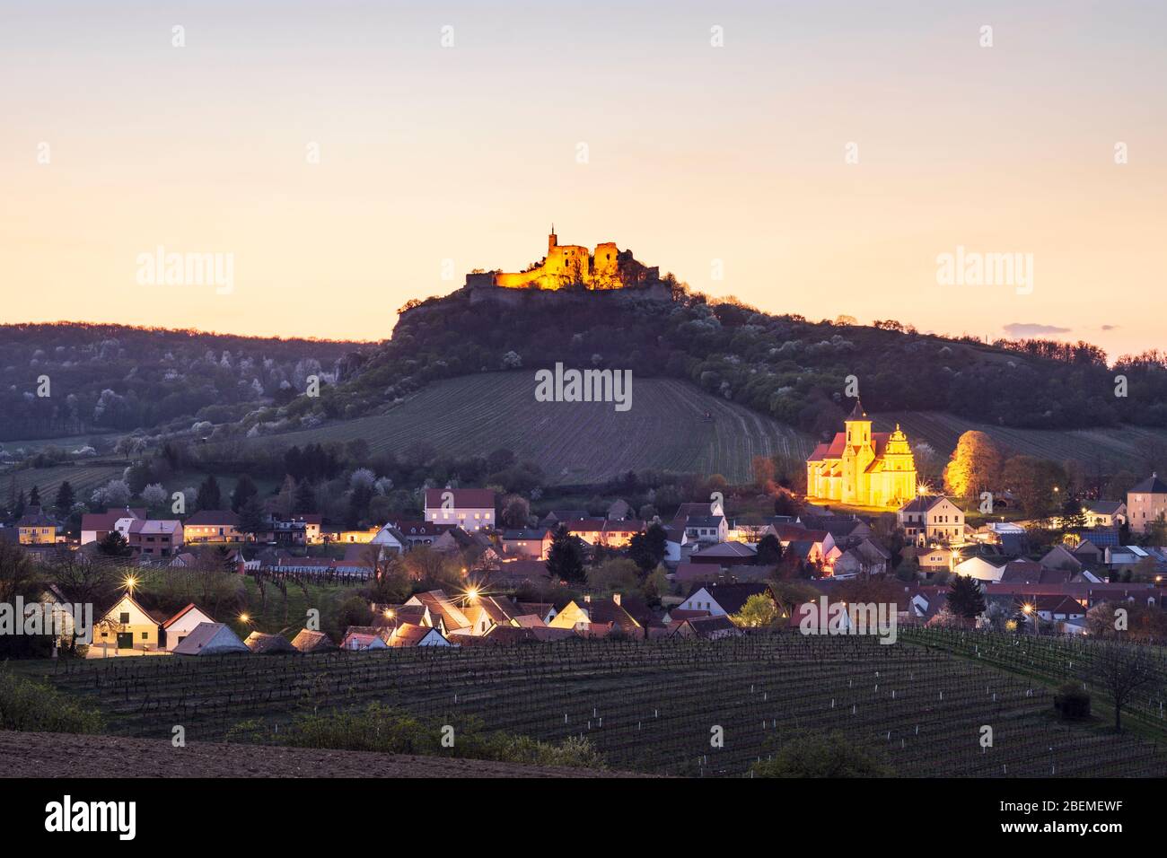 Falkenstein: Castillo de Falkenstein, árboles frutales en flor, iglesia Falkenstein, noche, en Weinviertel, Niederösterreich, Baja Austria, Foto de stock