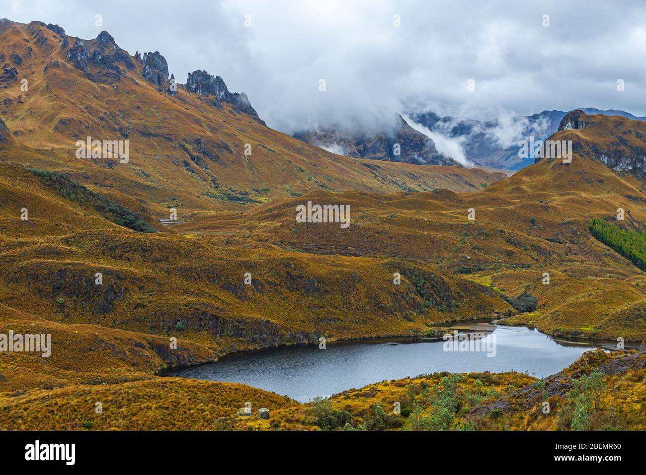 Un día de Noestacia dentro del parque nacional de Cajas con una de sus más de 200 lagunas en el páramo de los Andes, Región de Cuenca, provincia de Azuay, Ecuador. Foto de stock