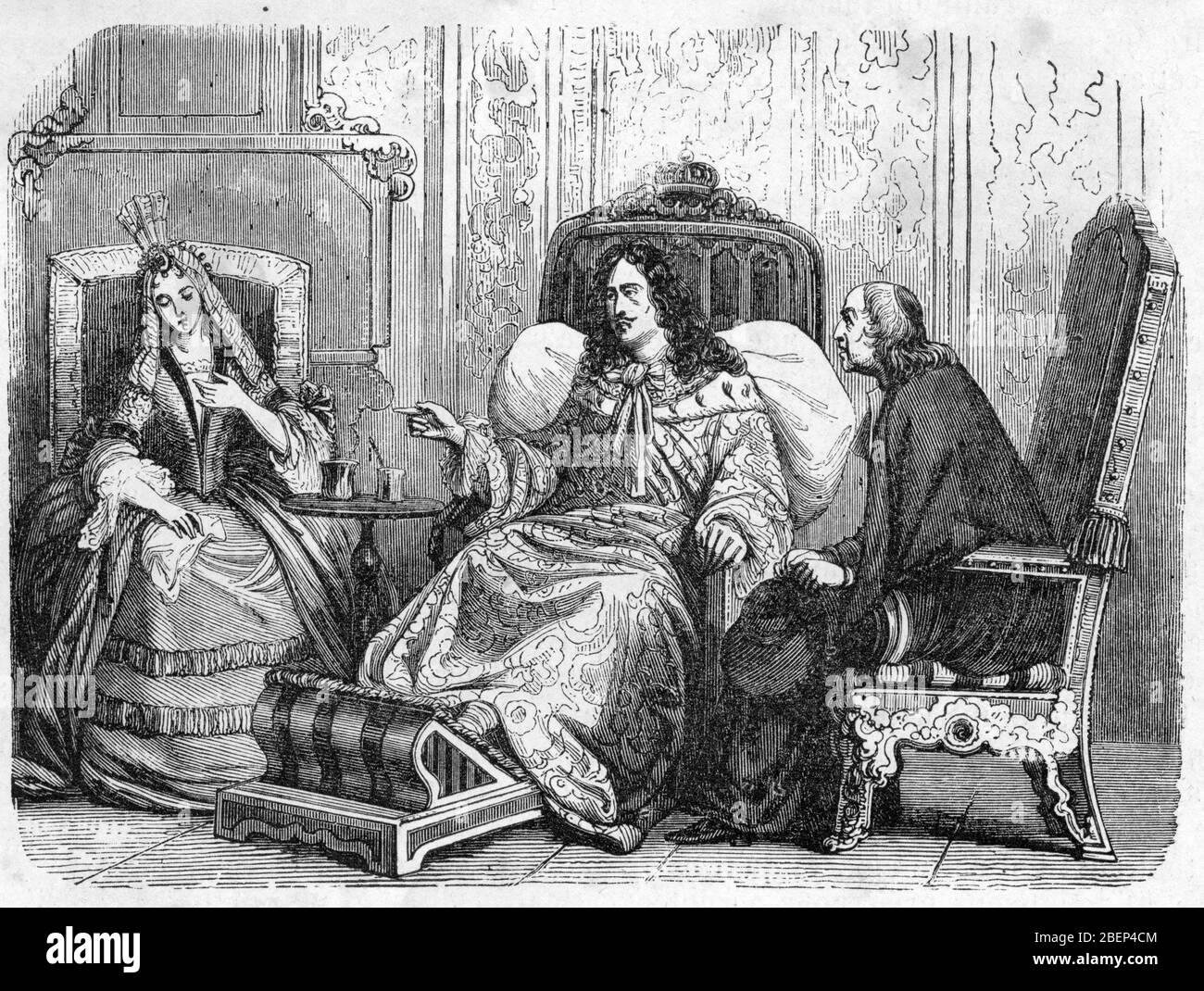 Le roi Louis XIV (1638-1715) demandant una madame de Maintenon d'eleigner hijo ancienne favorito Madame de Montespan tombee en desgracia suite a l'affaire Foto de stock