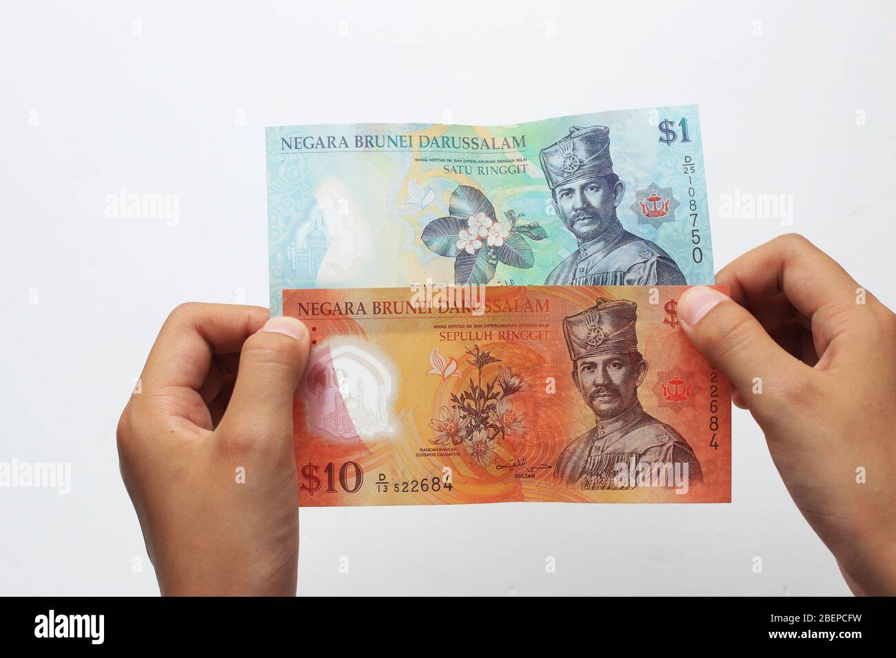Brunei moneda contra fondo blanco. Foto de stock