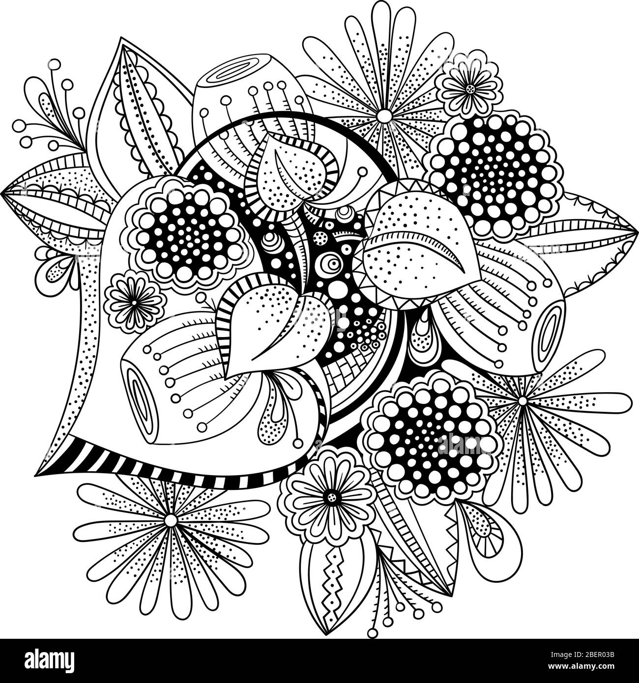 Flores decorativas de fideos en blanco y negro para colorear libro, portada  o fondo. Dibujo dibujado a mano para adultos anti estrés colorear página.  Vector Imagen Vector de stock - Alamy