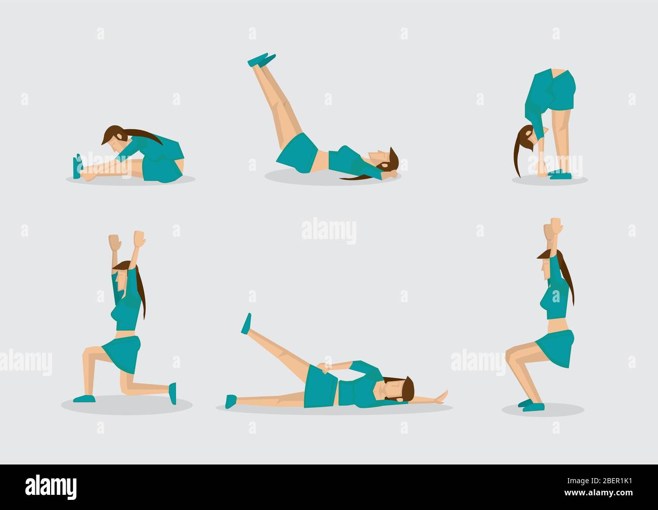 Conjunto de seis ilustraciones vectoriales de mujer deportiva haciendo ejercicios simples para la rutina de trabajo. Personajes de dibujos animados aislados sobre fondo liso Imagen Vector de stock - Alamy Conjunto de seis ilustraciones vectoriales de mujer deportiva haciendo ejercicios simples para la rutina de trabajo. Personajes de dibujos animados aislados sobre fondo liso Imagen Vector de stock - Alamy