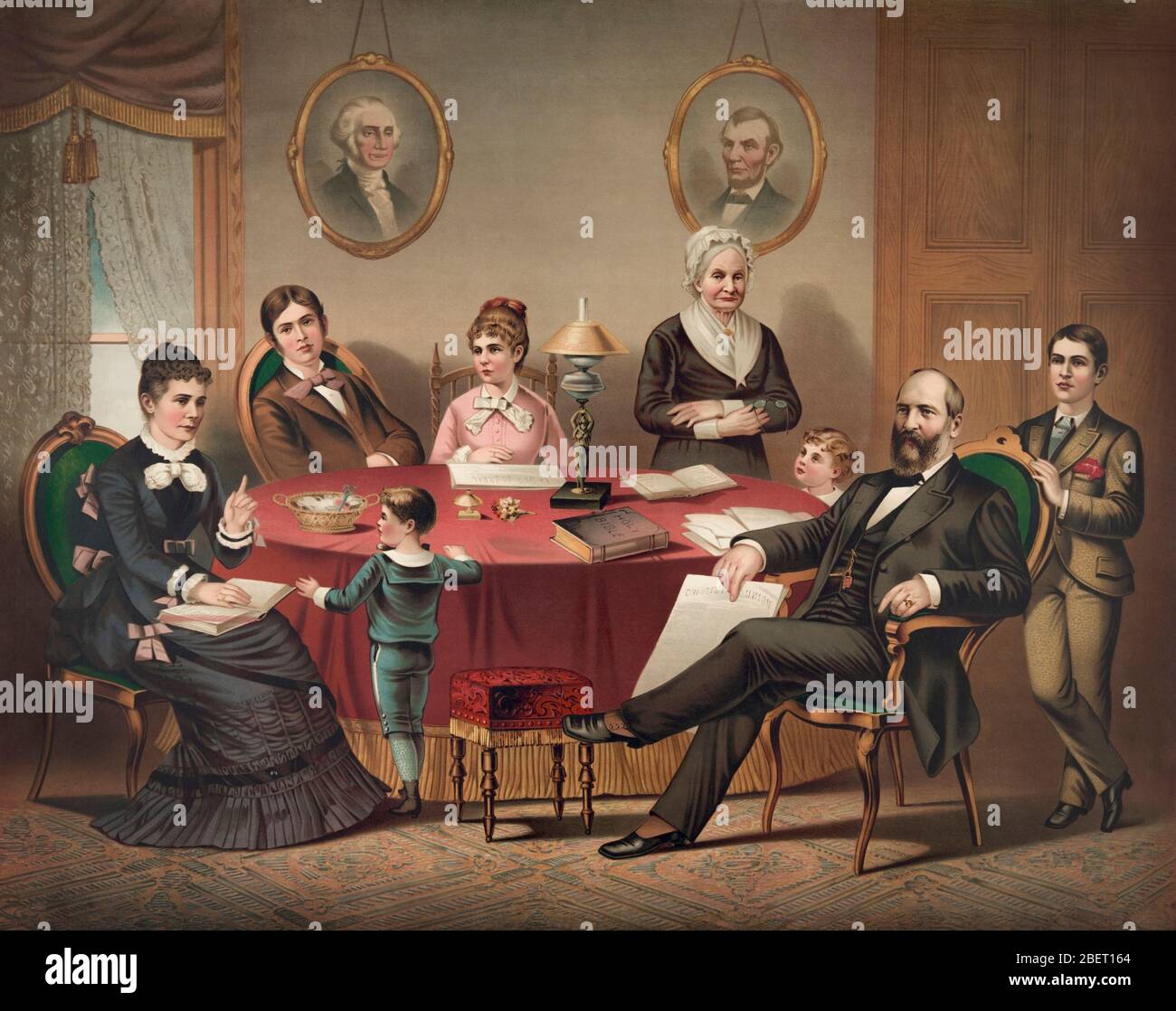 Litografía clásica del Presidente Garfield y su familia sentados a una mesa. Foto de stock