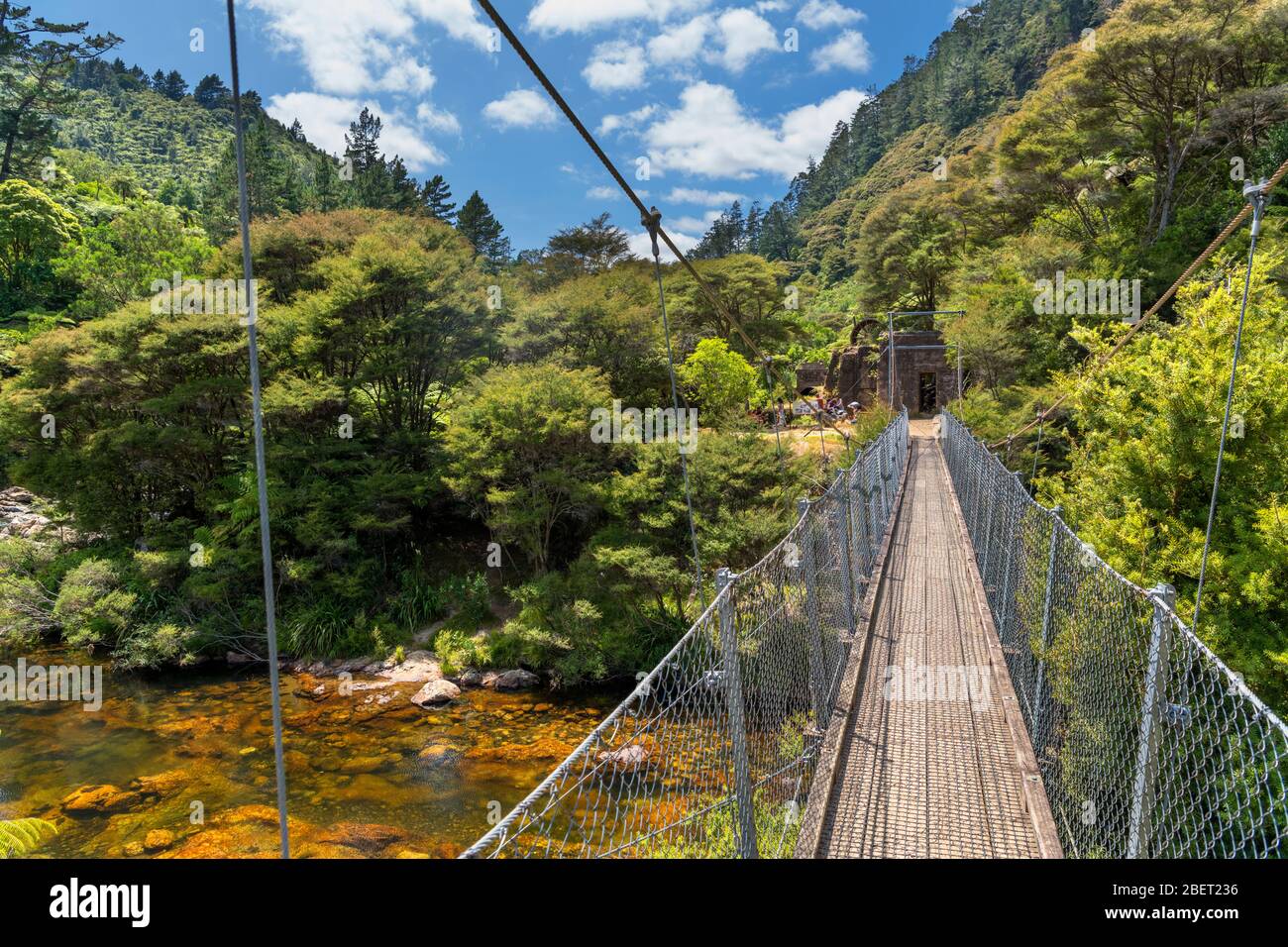 Puente peatonal sobre el río Waitawheta, el histórico paseo del desfiladero de Karangahake, el desfiladero de Karangahake, la isla del Norte, Nueva Zelanda Foto de stock