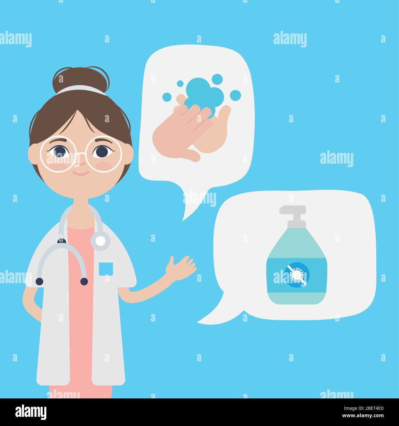 dibujos animados linda mujer del doctor que muestra la importancia del  lavado de manos sobre fondo azul, diseño colorido, ilustración vectorial  Imagen Vector de stock - Alamy