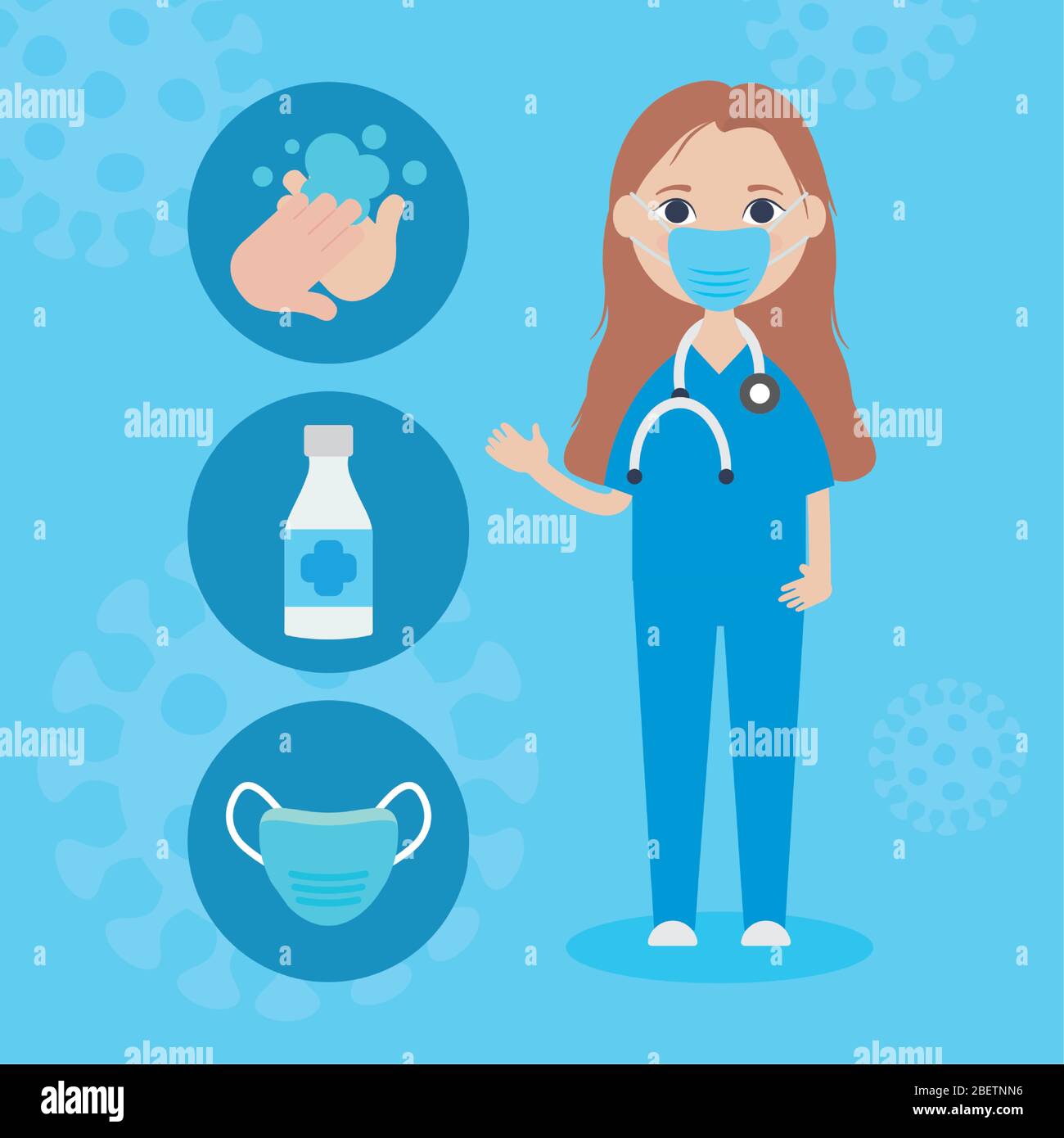 covid 19 prevenciones de limpieza y dibujos animados joven doctor mujer de  pie sobre fondo azul, diseño colorido, ilustración vectorial Imagen Vector  de stock - Alamy