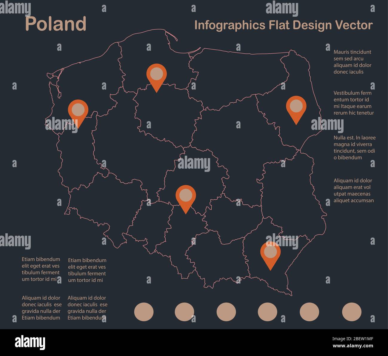 Infografías mapa de Polonia contorno, diseño plano, color azul vector naranja Ilustración del Vector