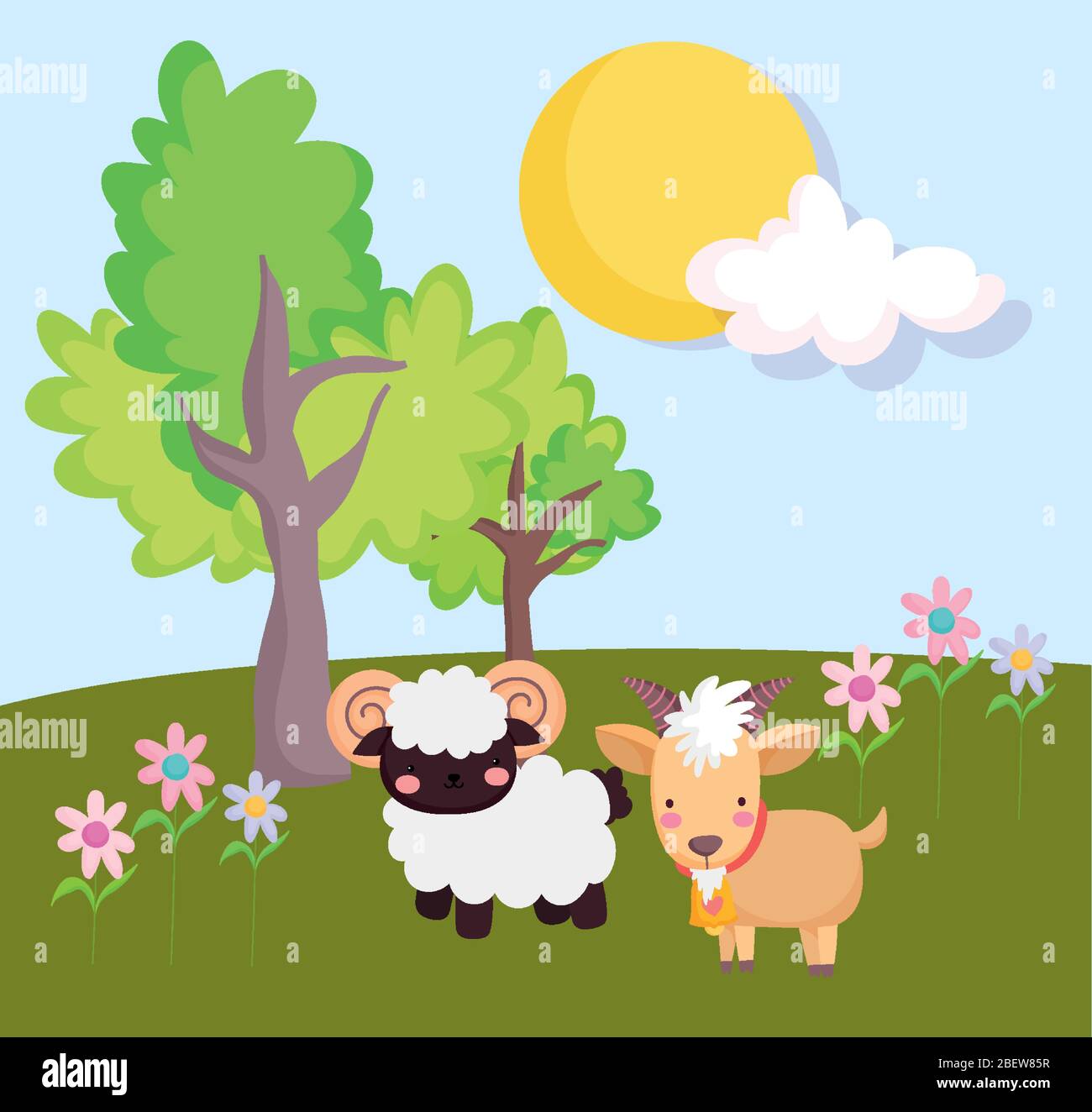 animales de granja cabra carnero flores árboles en el campo dibujos  animados vector ilustración Imagen Vector de stock - Alamy