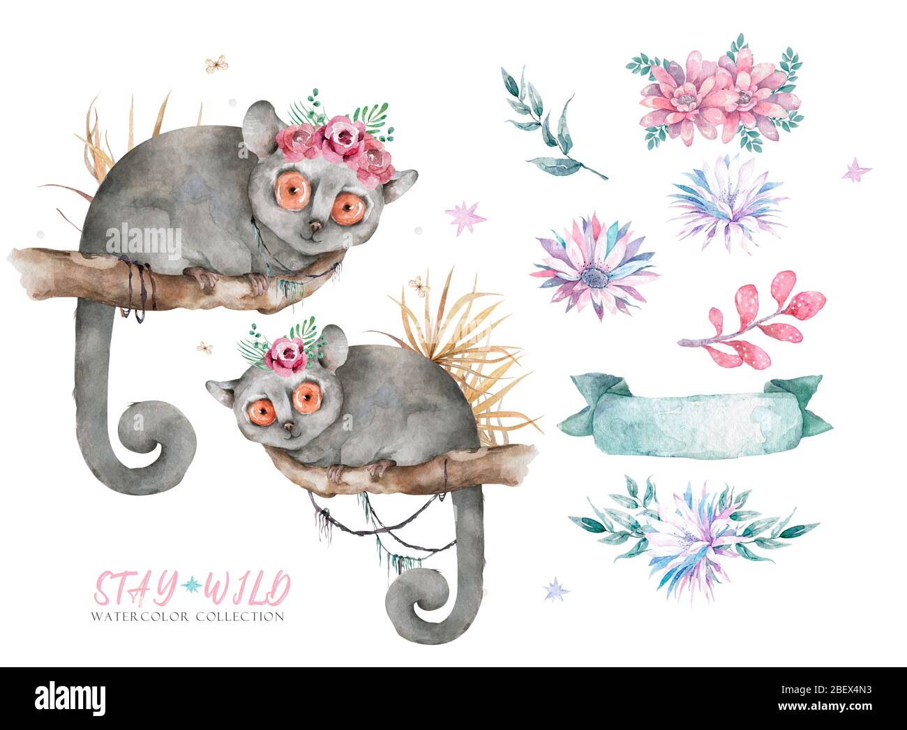 Limur De Raton Para Bebe Dibujo A Mano Lindo Watercolor Dibujos Raton Lemur En El Arbol Con Hojas De La Selva Sobre Fondo Blanco Fotografia De Stock Alamy