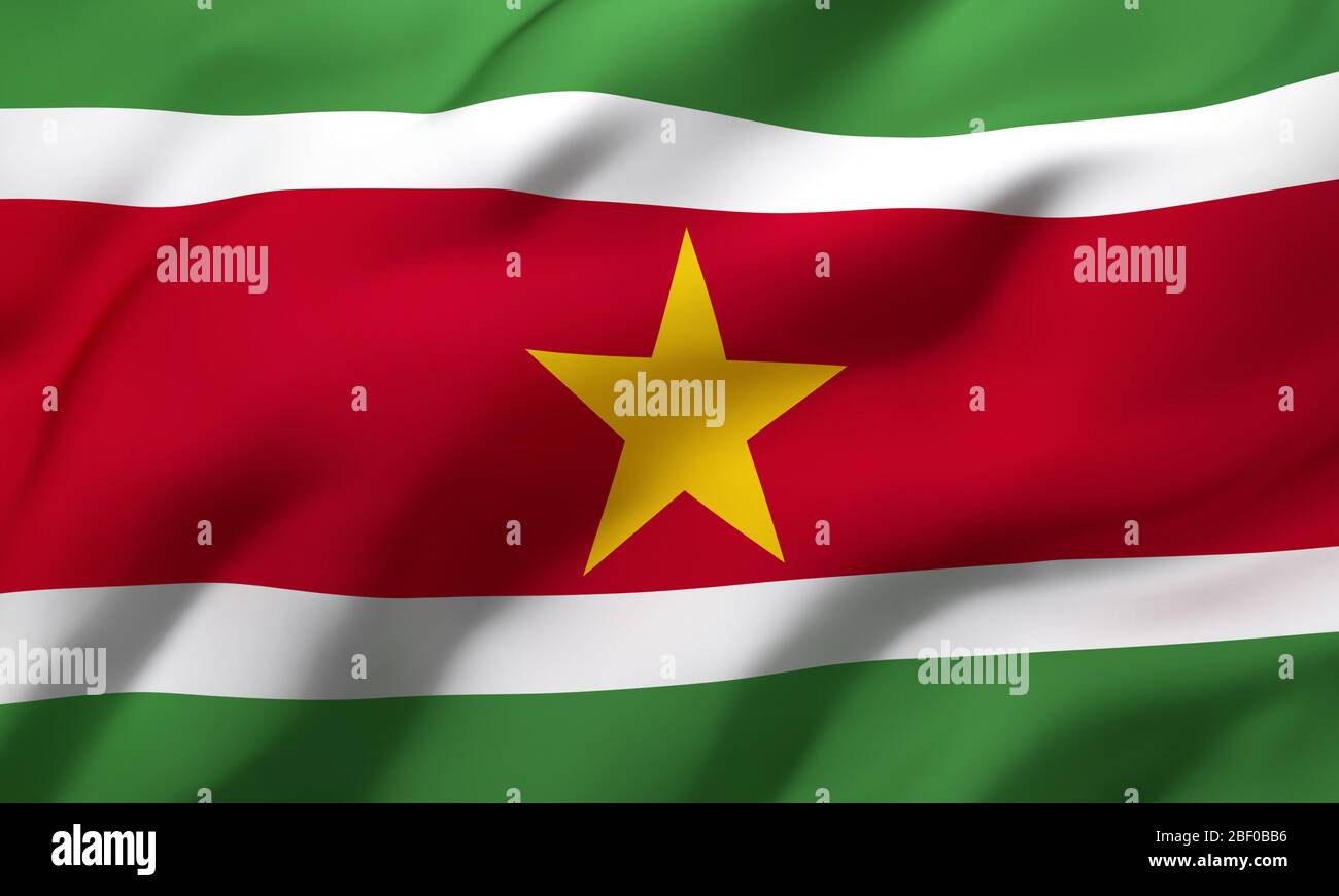 Bandera de Suriname soplando en el viento. Página completa bandera de Suriname. Ilustración 3D
