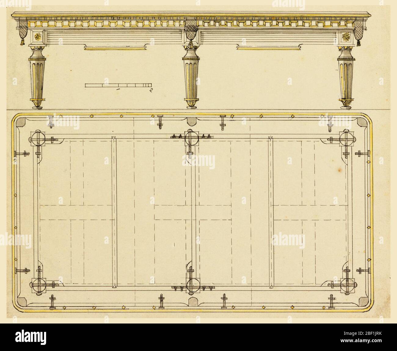 Diseño para una mesa de billar. Plano y elevación de una mesa de billar,  con seis patas acanaladas y con cinta. Lateral de mesa decorado con motivos  de pared de Troy. Escala