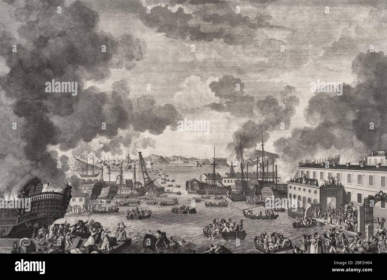 La coalición armada contra Francia evacuó el puerto de Toulon en 1793. Incendio de parte de la flota francesa y del arsenal. Foto de stock