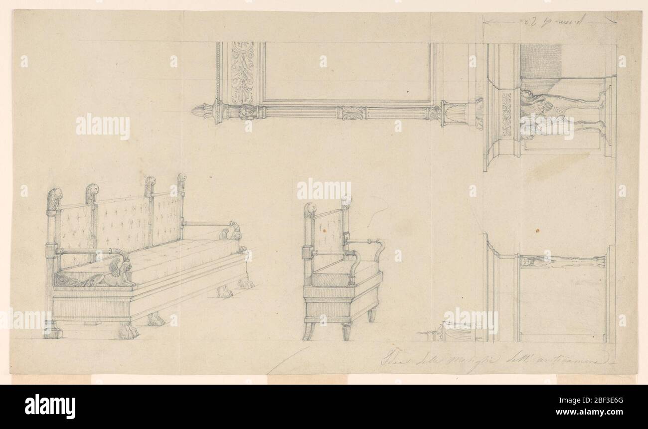 Diseños para una consola de mesa con sofá-sillón de cristal. Diseño para  sofá a la izquierda, silla en el centro, ambos mostrados oblicuamente desde  las esquinas delanteras. El sofá está apoyado en